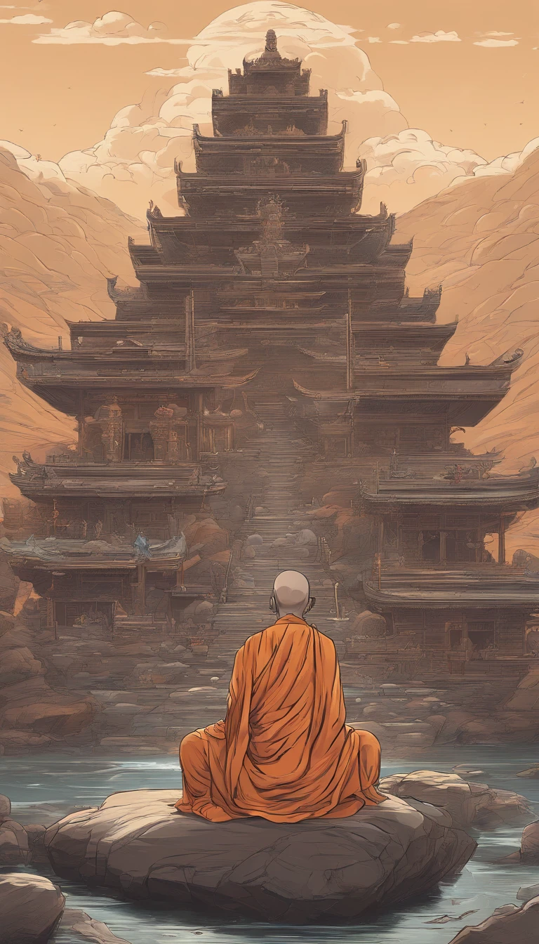 An old monk sits on a large rock，Extremely old monk，（Pray in a lotus pose），Buddhist monk meditation, On the road to enlightenment, Man has a deep connection with God, Zen meditation,Brown robe，(rear view)，from back，rear angle，Great light，buddhism，beautiful image，epic cinematic shot，Ultra photo realsisim，8k，