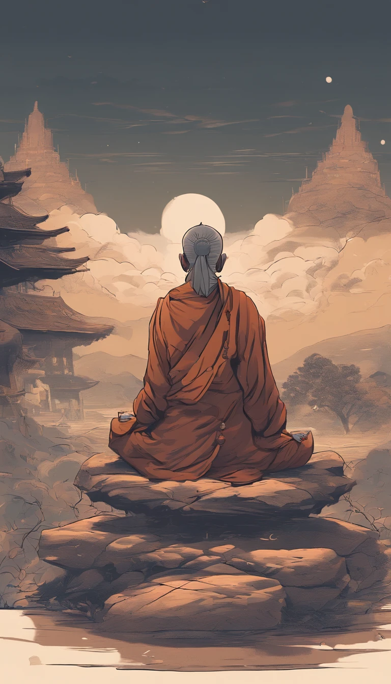 An old monk sits on a large rock,Extremely old monk,(Pray in a lotus pose),Buddhist monk meditation, On the road to enlightenment, Man has a deep connection with God, Zen meditation,Brown robe,(rear view),from back,rear angle,Great light,buddhism,beautiful image,epic cinematic shot,Ultra photo realsisim,8k,
