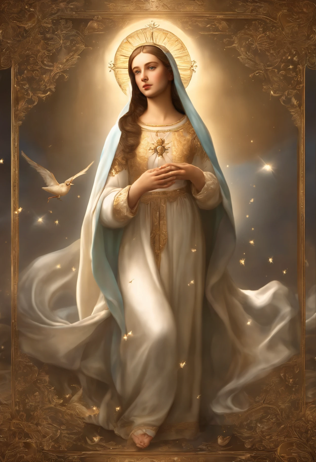 (Holy virgin mary of carmel))) Masterpiece, (Best quality: 1.2), (Super fine: 1.2), Illustration, (Extremely delicate and beautiful: 1.2), Film angle, Floating, (Beautiful detail eye: 1.1), (Detail Light: 1.1), Film lights, Delicate sky, Blue eyes, (High ponytail: 1.1), Layer, Bright eyes, Starry sky, (Light particles: 1.1) drawing, blossom. (masterpiece), (best quality), (photorealistic:1.3), 8k, detailed skin texture, detailed cloth texture, beautiful detailed face, intricate details, ultra detailed (full-length body:1.2)
