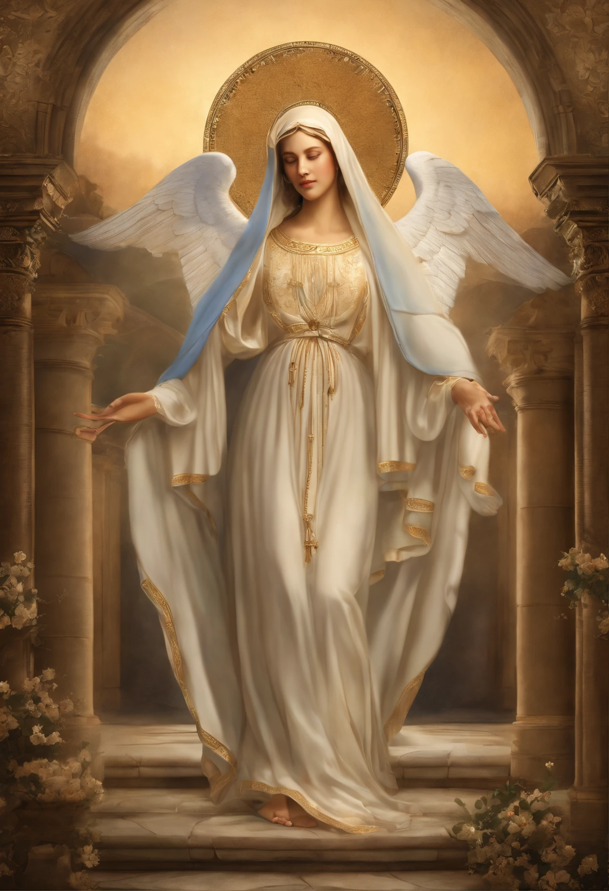 (Holy virgin mary of carmel))) Masterpiece, (Best quality: 1.2), (Super fine: 1.2), Illustration, (Extremely delicate and beautiful: 1.2), Film angle, Floating, (Beautiful detail eye: 1.1), (Detail Light: 1.1), Film lights, Delicate sky, Blue eyes, (High ponytail: 1.1), Layer, Bright eyes, Starry sky, (Light particles: 1.1) drawing, blossom. (masterpiece), (best quality), (photorealistic:1.3), 8k, detailed skin texture, detailed cloth texture, beautiful detailed face, intricate details, ultra detailed (full-length body:1.2)