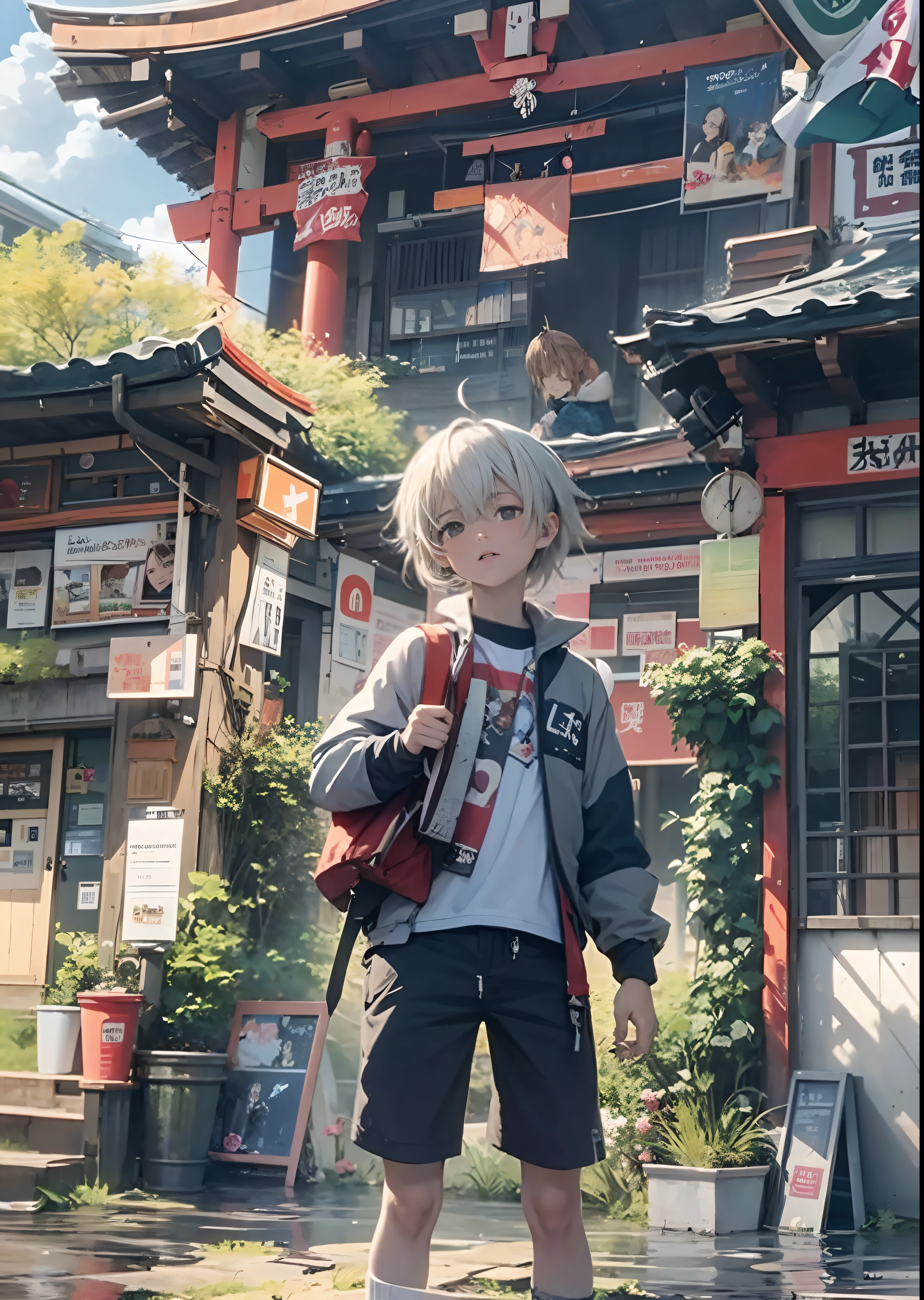 1boys,Man's ,Cyberpunk boy、silber hair、Cat's ears、poneyTail、The beginning of the adventure、Dragon in the sky、The magic of the clouds,beautiful fireworks、ruined and devastated city、Complex Japanese architecture、School buildings、Temple、Shrines、grade crossing、Bus stop、Green trees、Warm lighting、Puddles、Ancient Japanese landscapes、Beautiful and fantastic summer landscape、cinematic scenery、high high quality、masutepiece,8K、A high resolution、ultra - detailed,