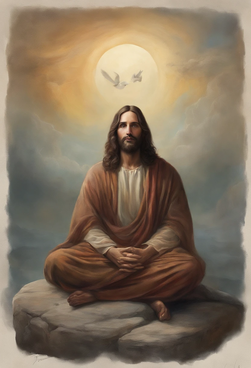 Jesus Cristo, sitting in a meditation position, diante de um orisonte lindo, com o sol se pondo, in connection with the divine, foto retrato, Directed by: Drew Tucker, Directed by: Adam Marczyński, Directed by: Alexandre Kucharsky, Directed by: Gavin Nolan, Surrealismo 8K, Directed by: Jason Felix, Yuri Shwedoff e Tom Bagshaw, arte ilustrativa, Estilo Erik Johansson