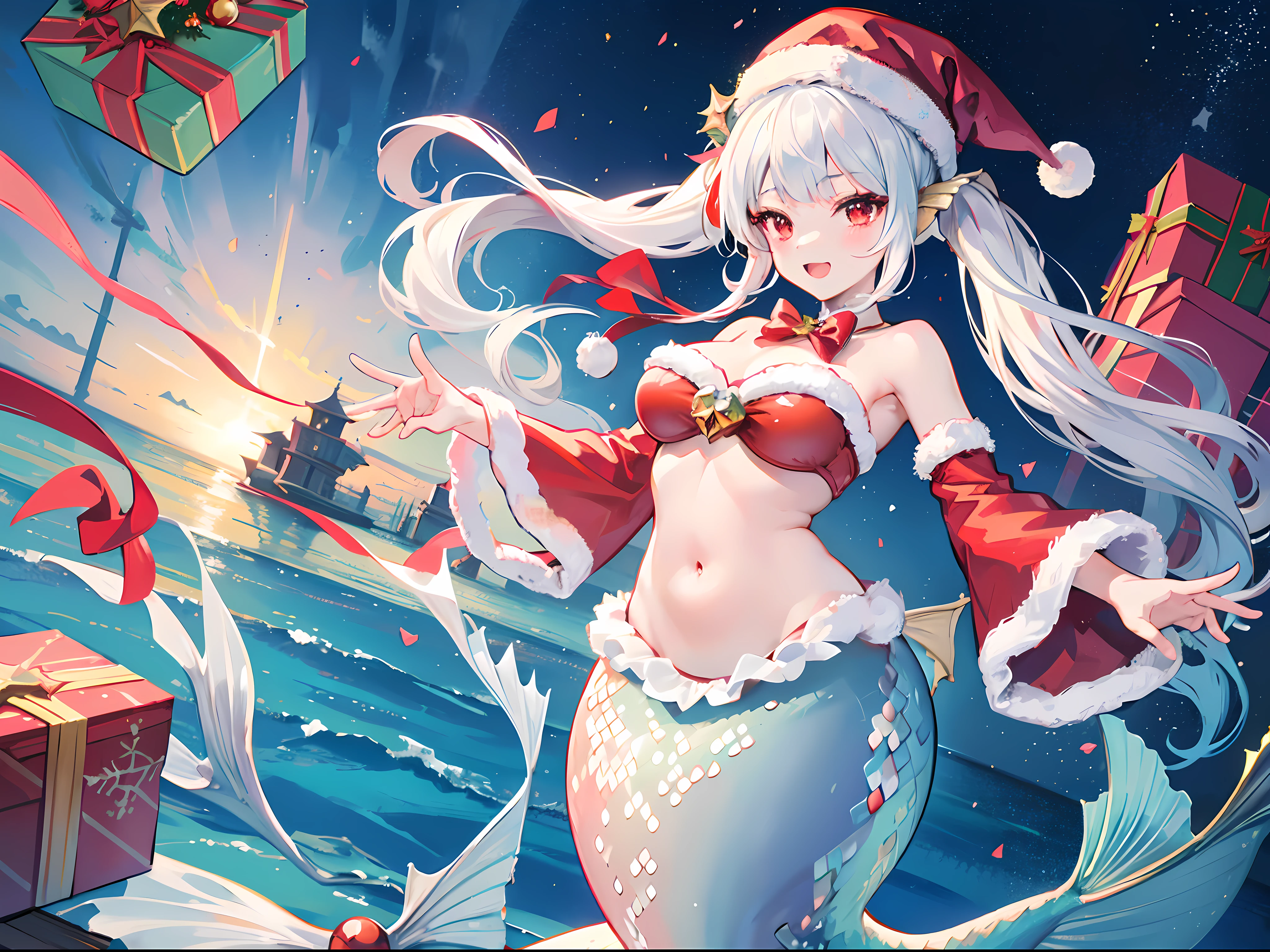 Best Quality, Extremely detailed, Anime, 1girl in, Solo, Laughing, Standing, Dynamic Angle, (mermaid:1.4), (santa costume|bikini of), santa hat, Red Eyes, (Twin tail:1.2), White hair, Christmas tree, Christmas, at sea,