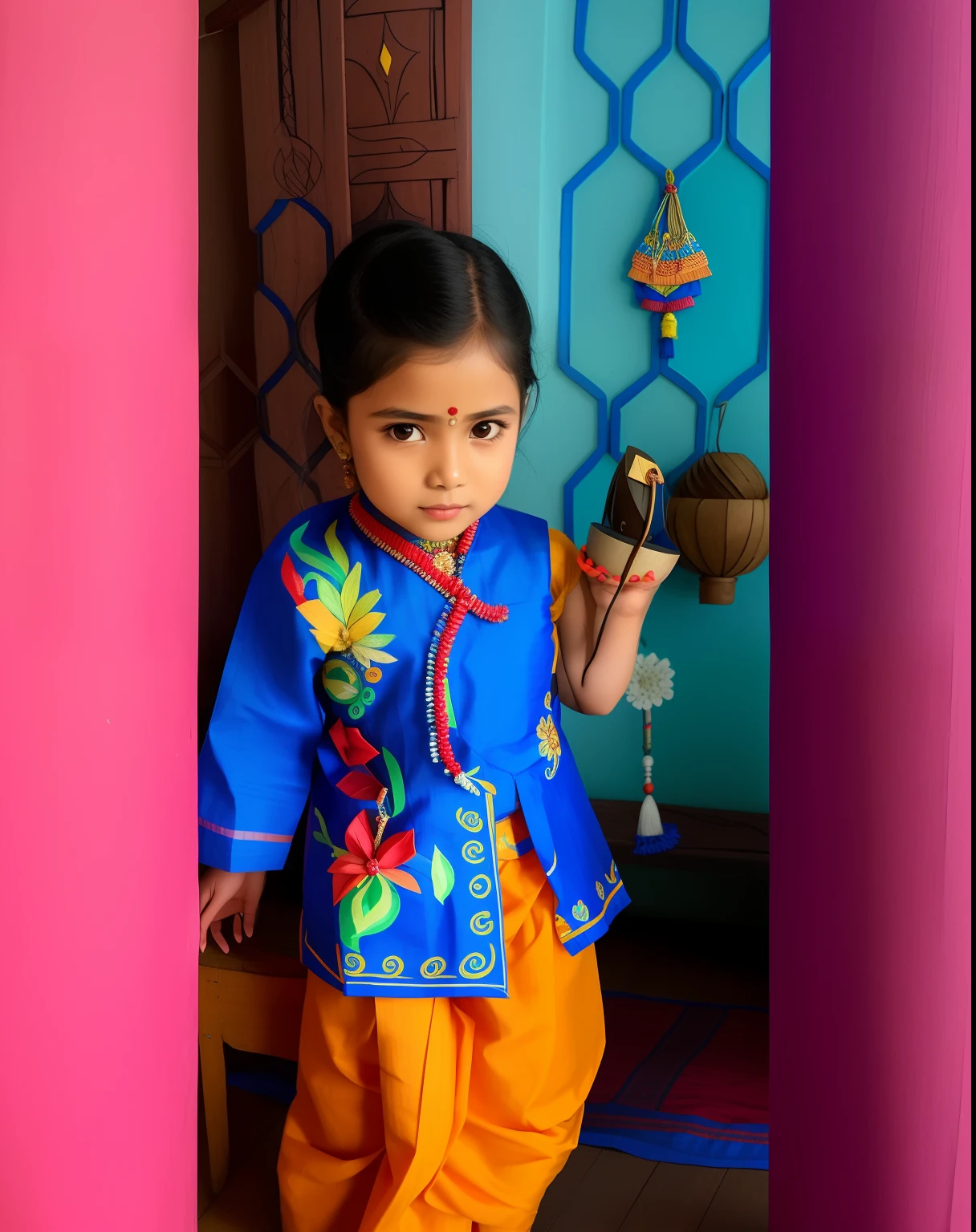 arafed girl in a blue shirt and a colorful skirt holding a doll, wearing bihu dress mekhela sador, wearing traditional garb, in a fancy dress, costume, wearing a fancy dress, traditional dress, traditional costume, in costume, traditional clothes, traditional beauty, cute beautiful, wearing an elegant tribal outfit, dressed in a sari, tai costume