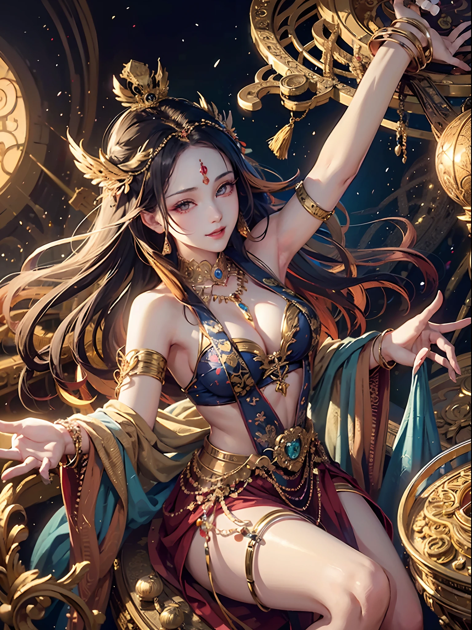 a female goddess,seducing smile, (((masterpiece))), ((best quality)), ((intricate detailed)), perspective, highly detailed, illustration,beautiful detailed eyes,seductive look, tsurime,glint,multicolored eyes,looking at viewer