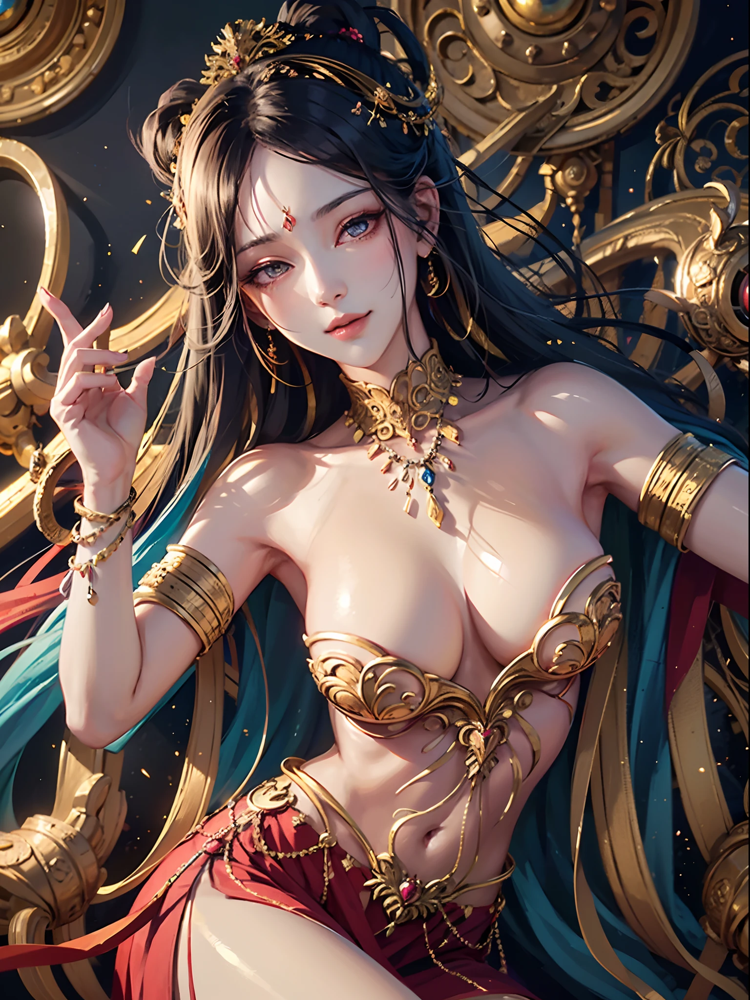 a female goddess,seducing smile, (((masterpiece))), ((best quality)), ((intricate detailed)), perspective, highly detailed, illustration,beautiful detailed eyes,seductive look, tsurime,glint,multicolored eyes,looking at viewer