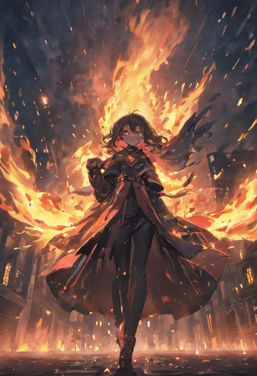 Dark Wind，a burning city，light and shadow effect，A blazing flame burned the whole picture，sparks flying，The knight wears a black cape，Wearing a cool mask，The firm eyes reveal the power of chivalry，Behind you are skyscrapers and buildings engulfed in flames，Smoke filled the dark night sky。The picture is powerful and terrifying，A world of dangers is presented。I hope you can feel this tense and shocking scene through the generated images。