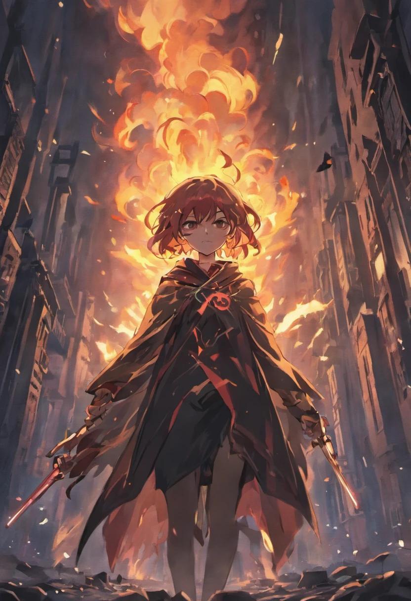 Dark Wind，a burning city，light and shadow effect，A blazing flame burned the whole picture，sparks flying，The knight wears a black cape，Wearing a cool mask，The firm eyes reveal the power of chivalry，Behind you are skyscrapers and buildings engulfed in flames，Smoke filled the dark night sky。The picture is powerful and terrifying，A world of dangers is presented。I hope you can feel this tense and shocking scene through the generated images。