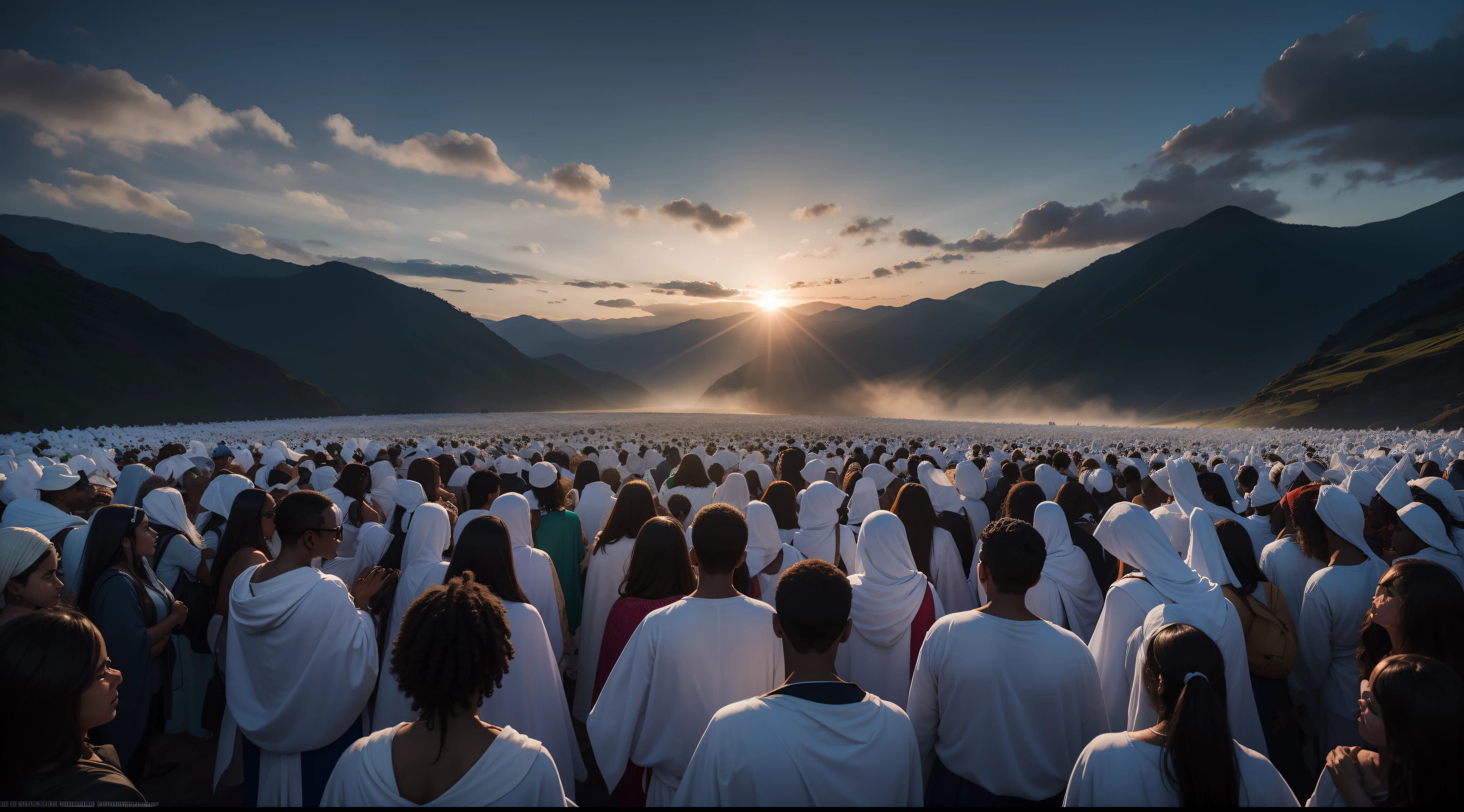 Create an epic image, de um campo celestial com imensas nuvens e neblina cobrindo o ambiente, huge crowd of perfect face people dressed in white robe, Apples of people wearing white gauze, pessoas reverenciando a vinda de cristo em um por do sol nebuloso. imagem da vinda de cristo e pessoas de branco o recebendo vindo das nuvens.