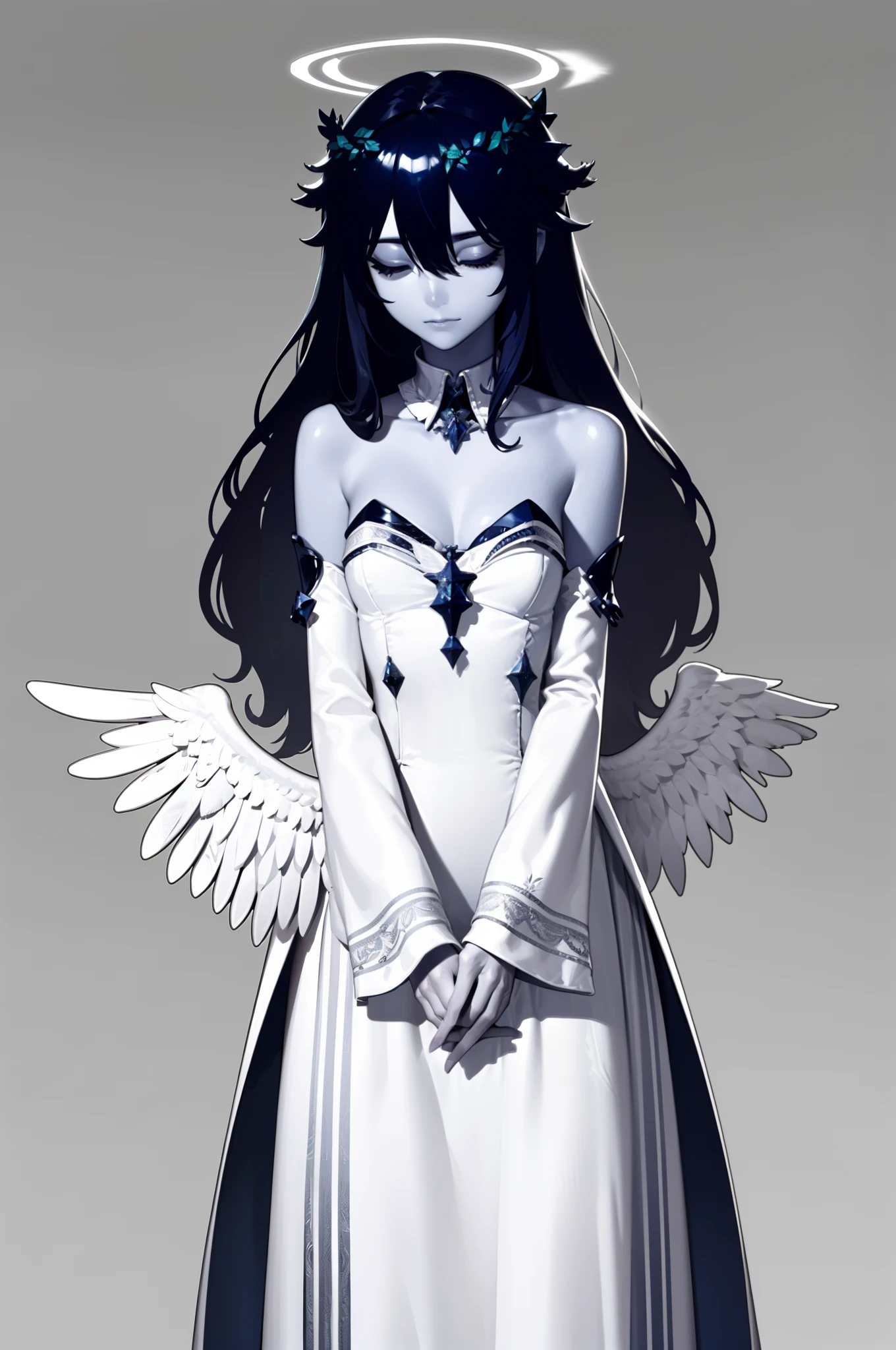 (best quality), ((masterpiece)), (highers), original, extremely detailed CG unity 8k wallpaper, (white is maincolor:1.5),meture female,lady, 1 girl,cowboy shot, indigo hair, indigo lips,indigo eyeshadow,closed eyes, indigo tear stains,small breasts,angel wings, hood,symmetry, long hair, halo, dress, own hands together, bare shoulders, white dress, angel wings, detached sleeves, angel, hair between eyes, closed mouth, feathered wings, bangs, wide sleeves, glowing, long sleeves, jewelry, strapless, strapless dress, detached collar, very long hair, standing, praying, laurel crown,, full color