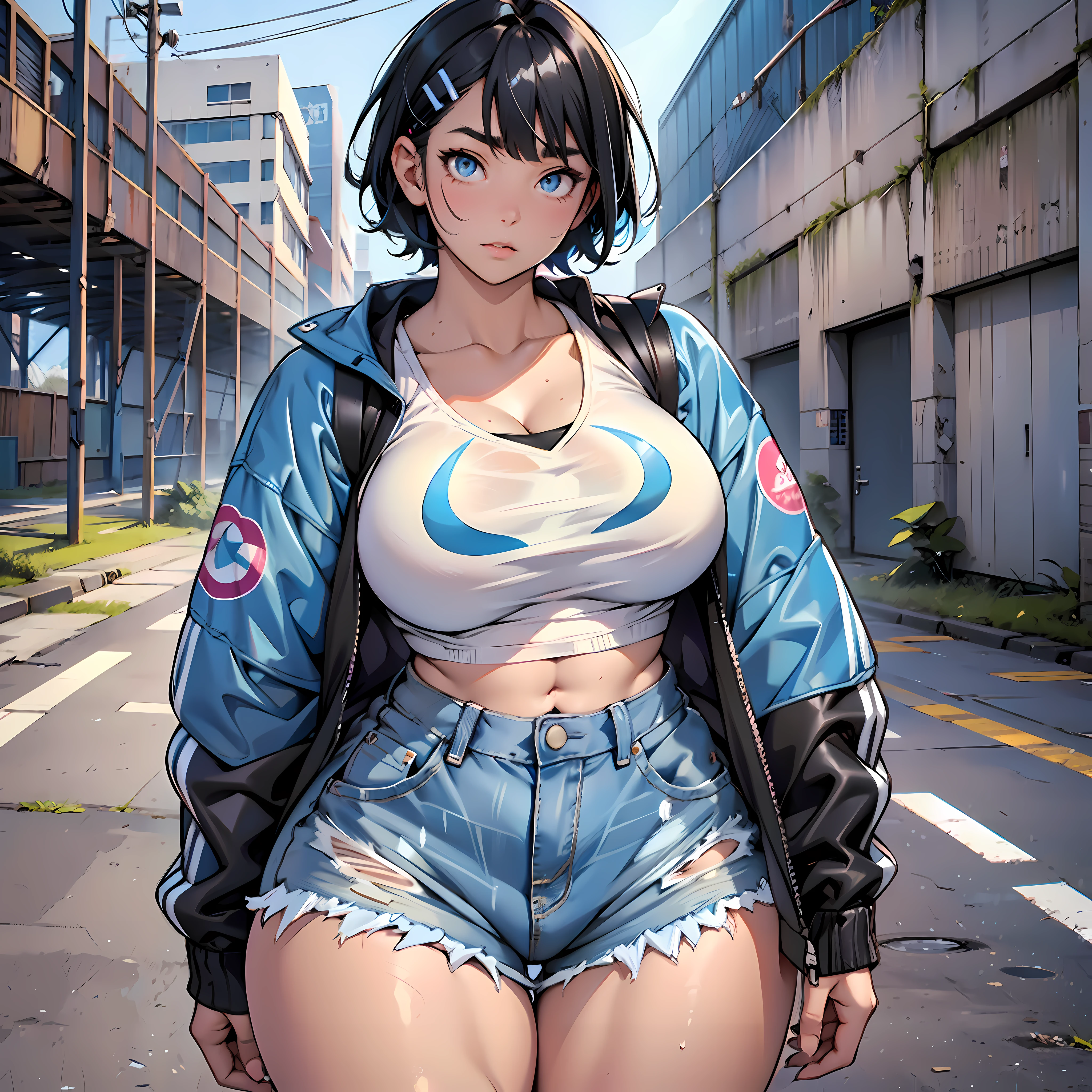 Kawaii teenager, curvy body, girl with thick thighs, thick legs, big breasts, white windbreaker, glued jean shorts, dark blue sneakers, light black hair, short hair, hair clip, bangs, blue colored eyes, gorgeous face, soft skin, abandoned warehouse scenery, fighting pose.