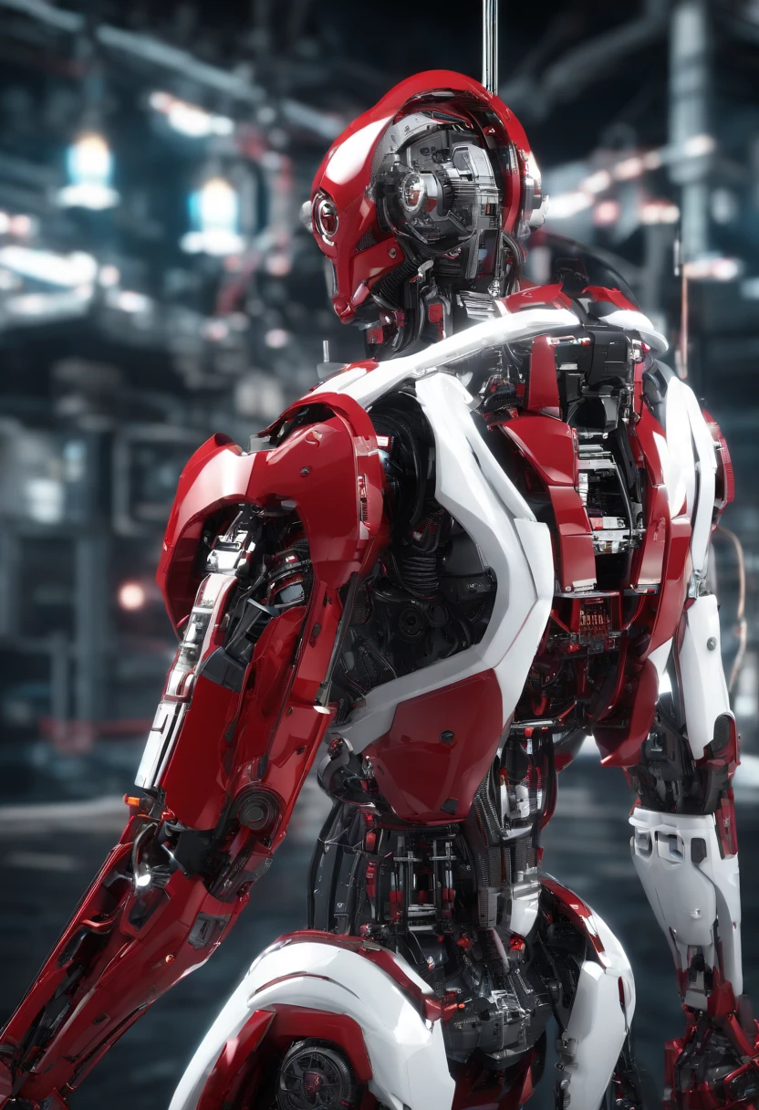 Red and white humanoid mech , Science fiction, Side view, sense of science and technology, C4D, OC renderer, illusory engine, High detail, industrial design, 8K HD, Studio light, Retro