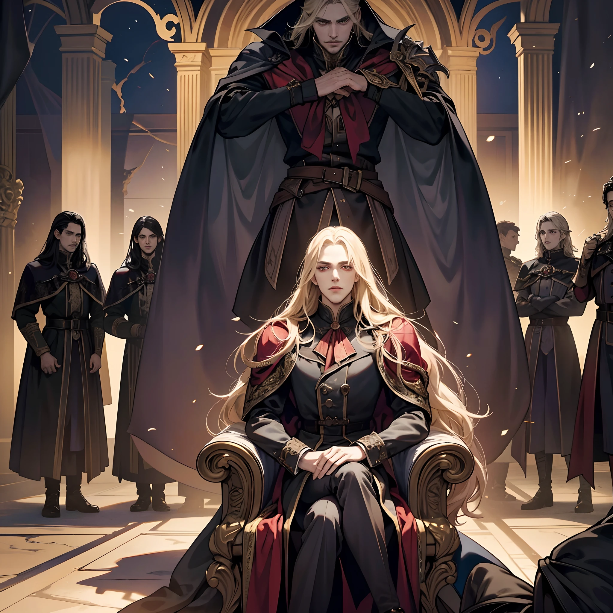 Castlevania Lord of Shadows Lord Dracula in the throne room with his great legendary soldiers looking into hyper realistic Super detailed Conquest Map Dynamic cinematic scene from the film
