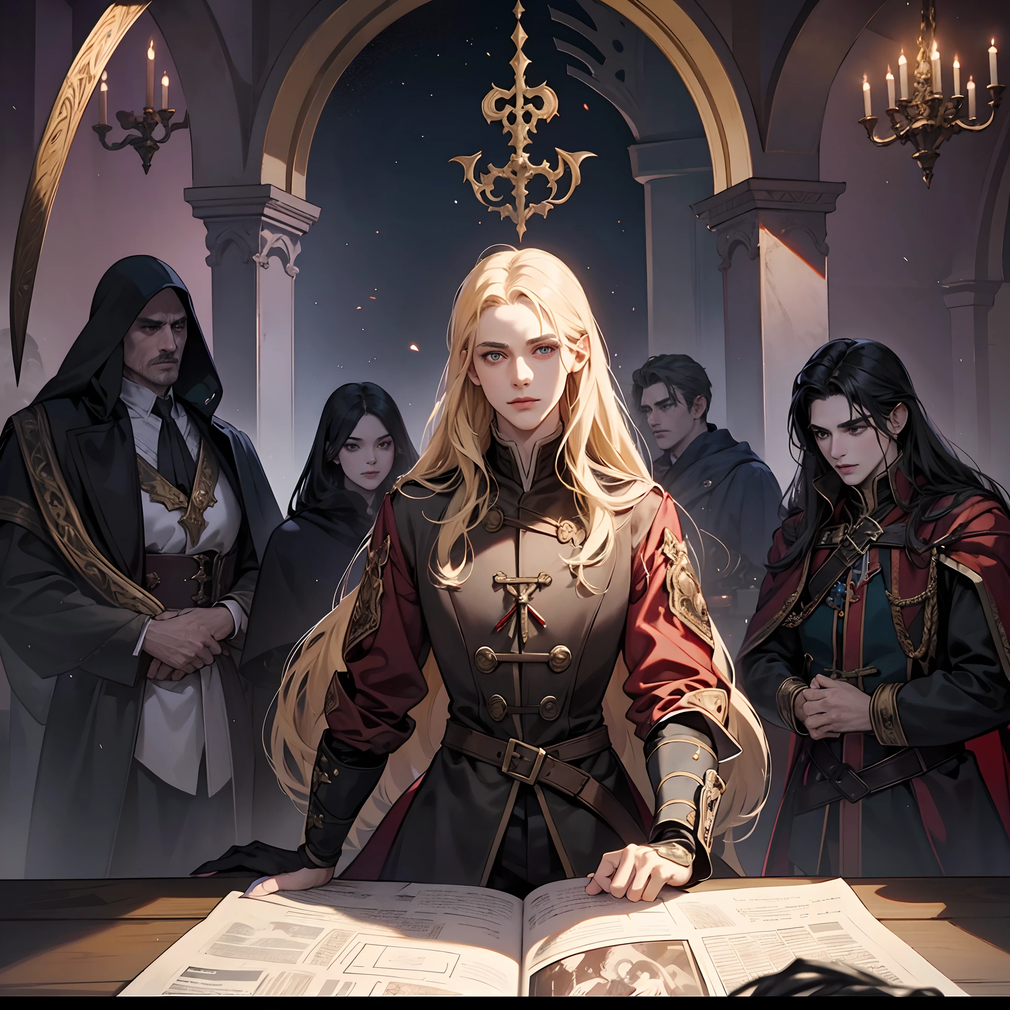 Castlevania Lord of Shadows Lord Dracula in the throne room with his great legendary soldiers looking into hyper realistic Super detailed Conquest Map Dynamic cinematic scene from the film
