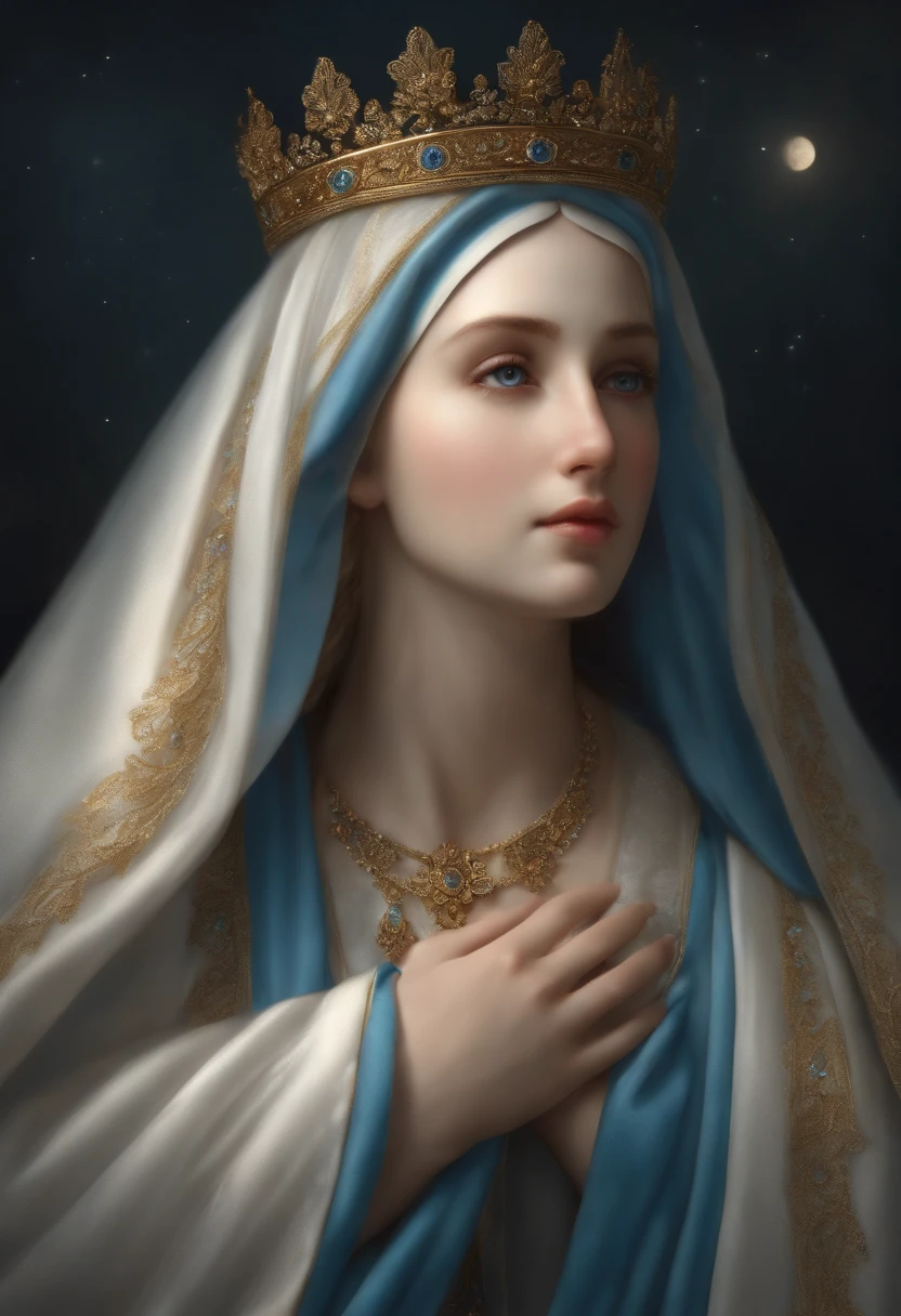 (Holy virgin mary of the sorrows))) Masterpiece, (Best quality: 1.2), (Super fine: 1.2), Illustration, (Extremely delicate and beautiful: 1.2), Film angle, Floating, (Beautiful detail eye: 1.1), (Detail Light: 1.1), Film lights, Delicate sky, Blue eyes, (High ponytail: 1.1), Layer, Bright eyes, Starry sky, (Light particles: 1.1) drawing, blossom. (masterpiece), (best quality), (photorealistic:1.3), 8k, detailed skin texture, detailed cloth texture, beautiful detailed face, intricate details, ultra detailed (full-length body:1.2)
