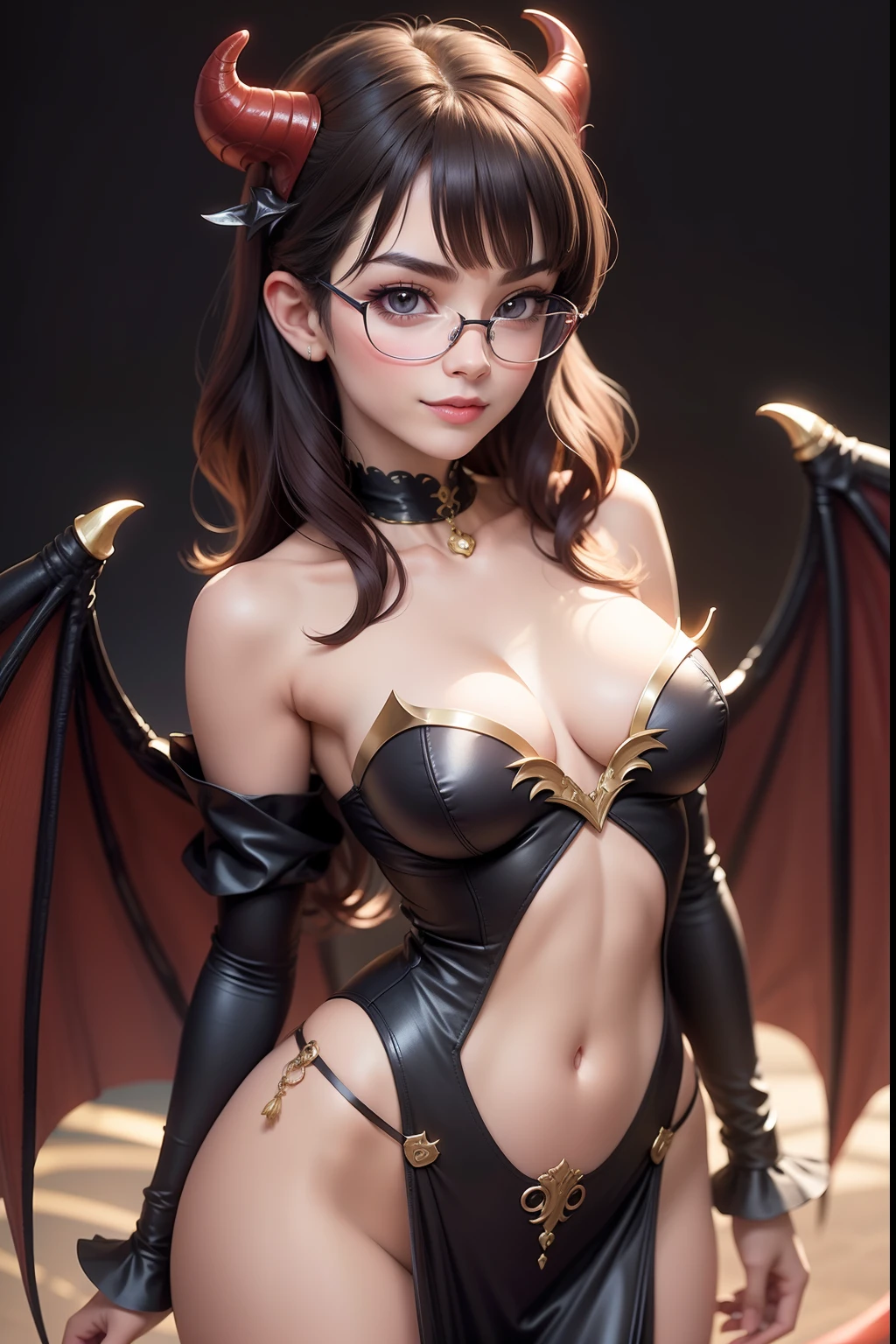 1 cute dragon race. girl (18yo) glasses, dark eyes, upper body, slim waist, natural small breast, sexy pose, seductive expression, bangs, random hairstyle, cleavage, navel, collar, collarbone, off shoulder, seductive smile, wear intricately detail hot and sexy outfit, angel costume, shiny brown and glowing red color, wear unique helmet, random light color, upper body. flat gray color for background