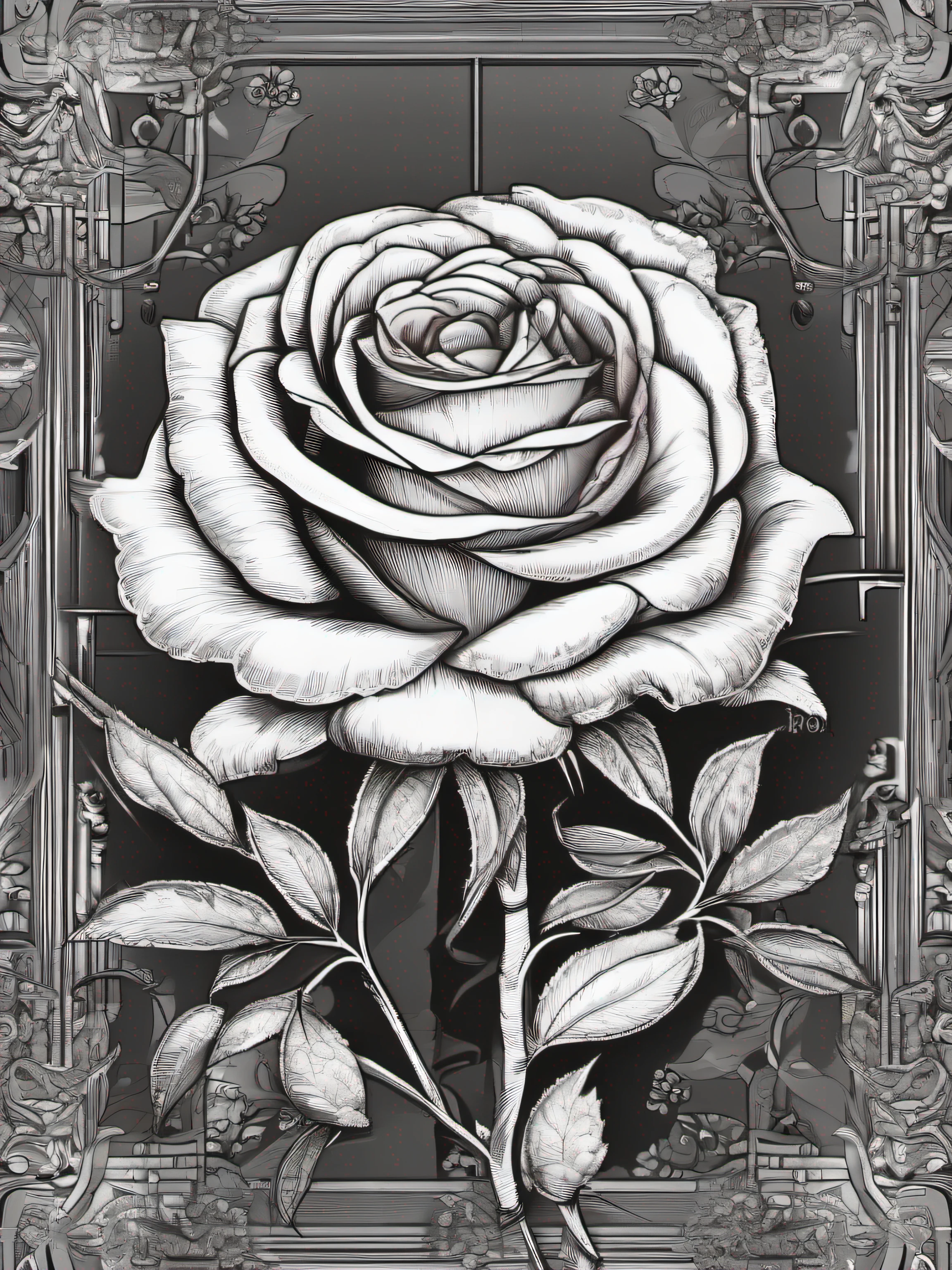 masterpiece, best quality, rose flower, monochrome, lineart, intricate details, coloring page, black and white
