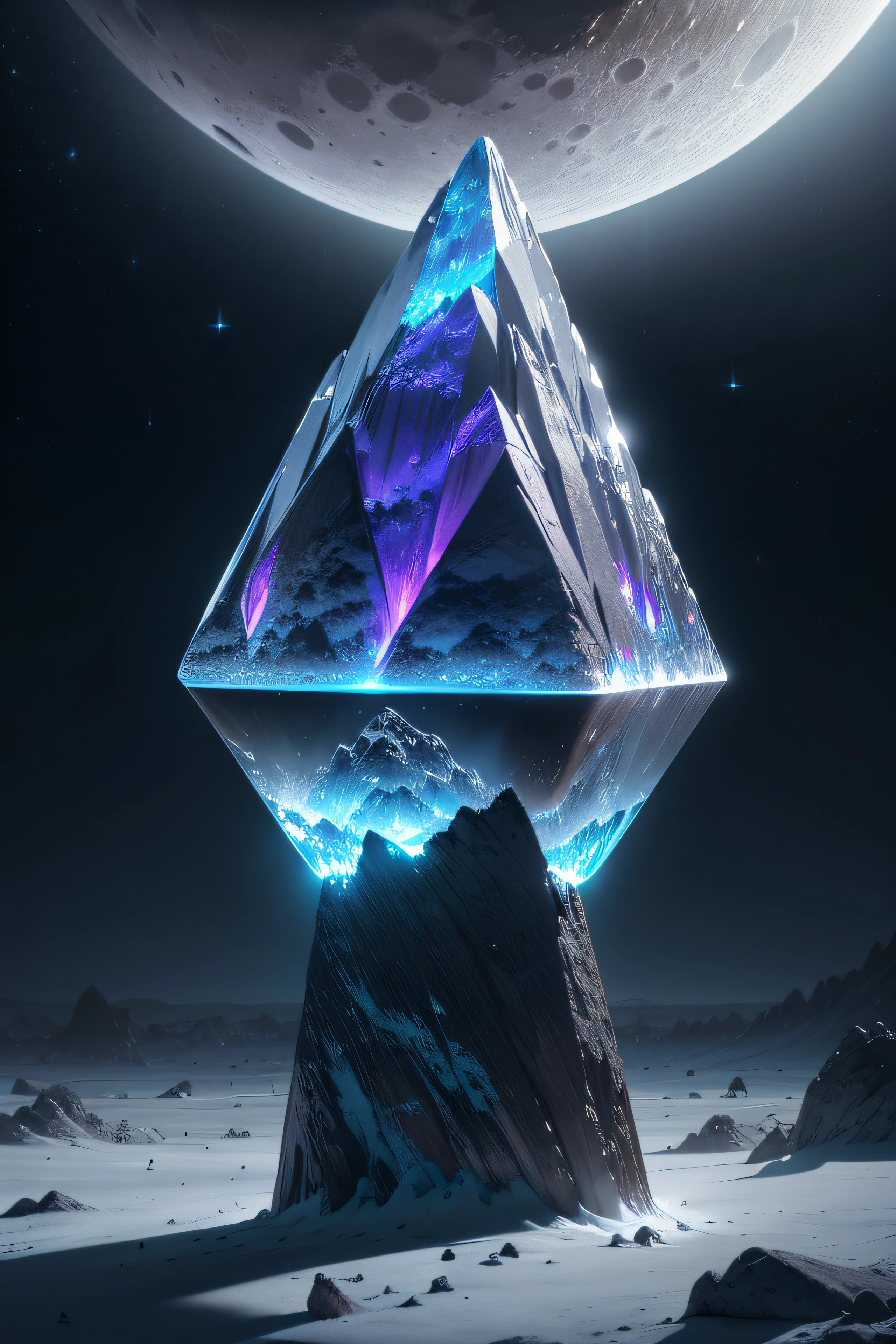 /imagine prompt: On a distant moon, colossal crystals rise from the lunar surface, reflecting the light of distant stars, a cosmic spectacle that unveils the beauty and mysteries of the universe, 3D, surreal rendering with intricate crystal structures, --ar 16:9 --v 5