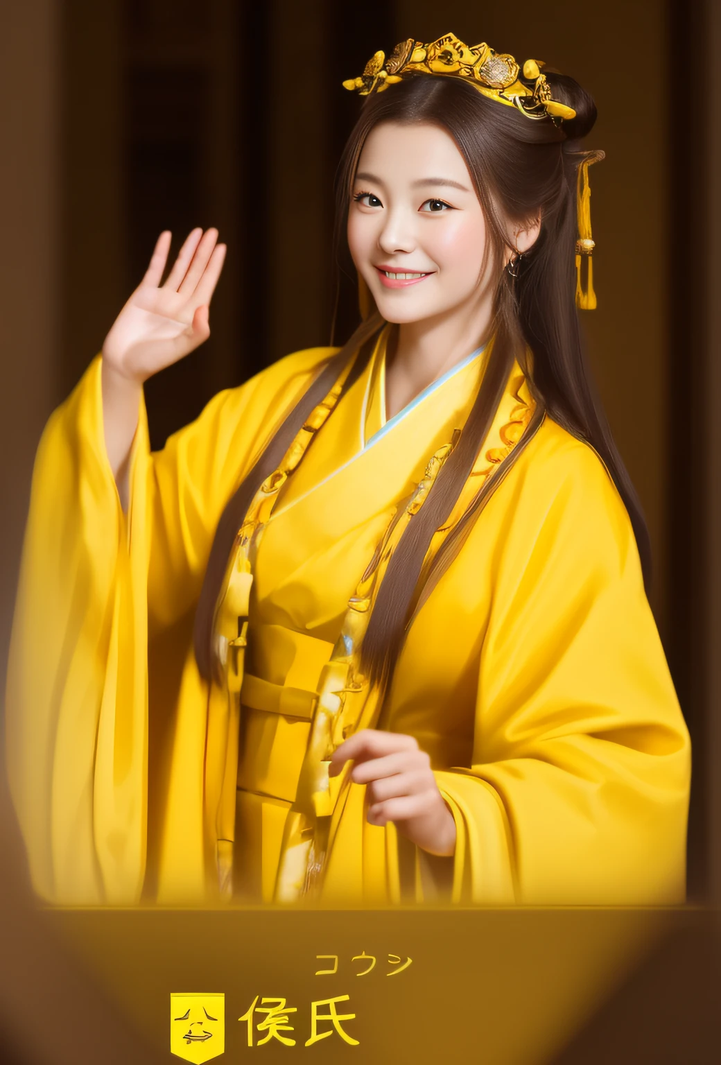 Close up of smiling woman in yellow dress waving hand, ancient chinese princess