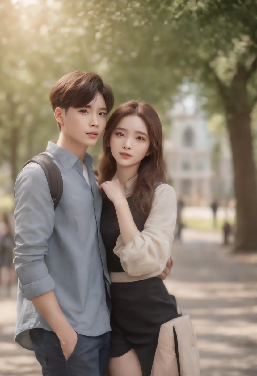 In the same photo,There was a man and a woman, The two passed by beautifully on the campus path, Each of them has some regrets in their hearts that they want to know each other but do not have the courage,A youthful campus style,Guviz-style artwork, Realistic anime 3D style, anime realism style, Realistic art style, Kawaii realistic portrait, Realistic art style, Anime realism, Realistic anime art style, realistic anime artstyle