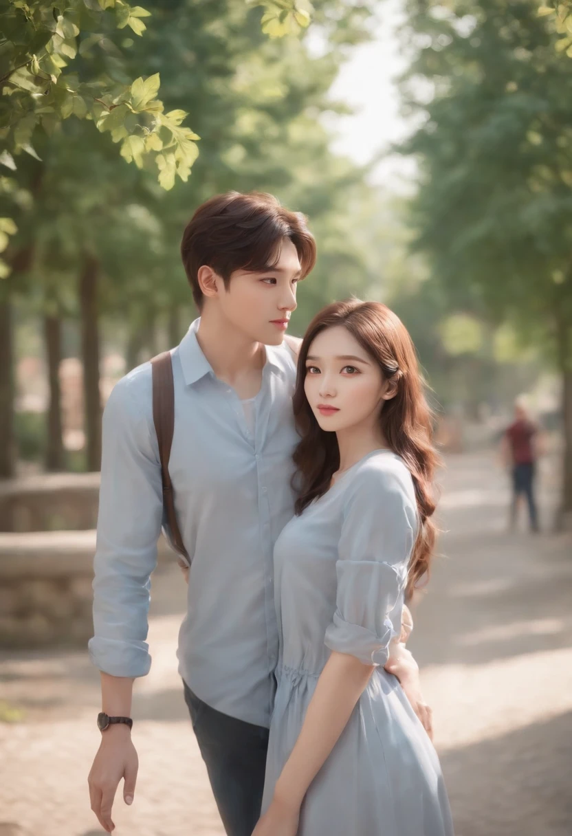 In the same photo,There was a man and a woman, The two passed by beautifully on the campus path, Each of them has some regrets in their hearts that they want to know each other but do not have the courage,A youthful campus style,Guviz-style artwork, Realistic anime 3D style, anime realism style, Realistic art style, Kawaii realistic portrait, Realistic art style, Anime realism, Realistic anime art style, realistic anime artstyle