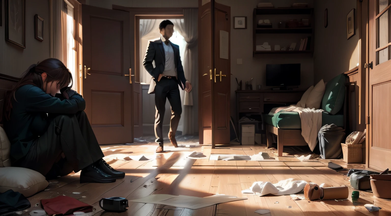 Create an image that depicts an emotionally intense scene in a domestic setting after a fight over infidelity. In the scenery, There should be no physical presence of the couple, But the environment itself must reflect the tension in the relationship. messy furniture, broken objects and shed tears should be visible in the image. The scenario should convey the intensity of the situation and the deep hurt that follows a betrayal, even in the absence of the individuals involved."