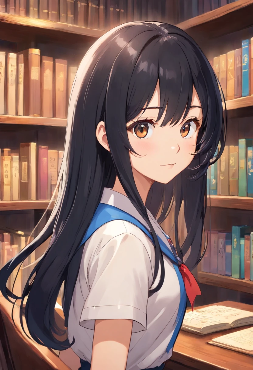 Masterpiece, Best quality, high resolution, extremely detailed photography, Professional lighting, Female students in school uniforms, Realistic young gravure student idol, she is about 16 years old, White blouse, The smoothest hair flow, Beautiful highschool girl, gogo dancer, suki, big collar, In a library, ayne haag, So cute, kawaii,Black hair, Straight hair one meter long,Lots of hair,Hair strands are clearly visible,The hair is thick,Top hair quality,The hair is too smooth,Hair is unusually smooth,The shine of the hair is dazzling,Masterpiece, Best quality, high resolution, extremely detailed photography, Professional lighting, (The rubber band slowly slipped from the hair,Untie smooth hair along the trajectory of the rubber band,Smooth hair is untangling:5.5),8K, Super detail,Jet-black hair,Jet-black hair, Super hydrated hair,Top moisturizing hair,Smooth hair at the highest end,Hydrated hair reflects a dazzling water light,Black straight hair is the highest grade and smoothest hair,a superlative, Smooth hair in circles,Spins like a fan,The hair unfolds quickly,High-grade hair spreads quickly like a fan。Hair of the highest rank is draped over the shoulders,High-grade hair covers the whole body