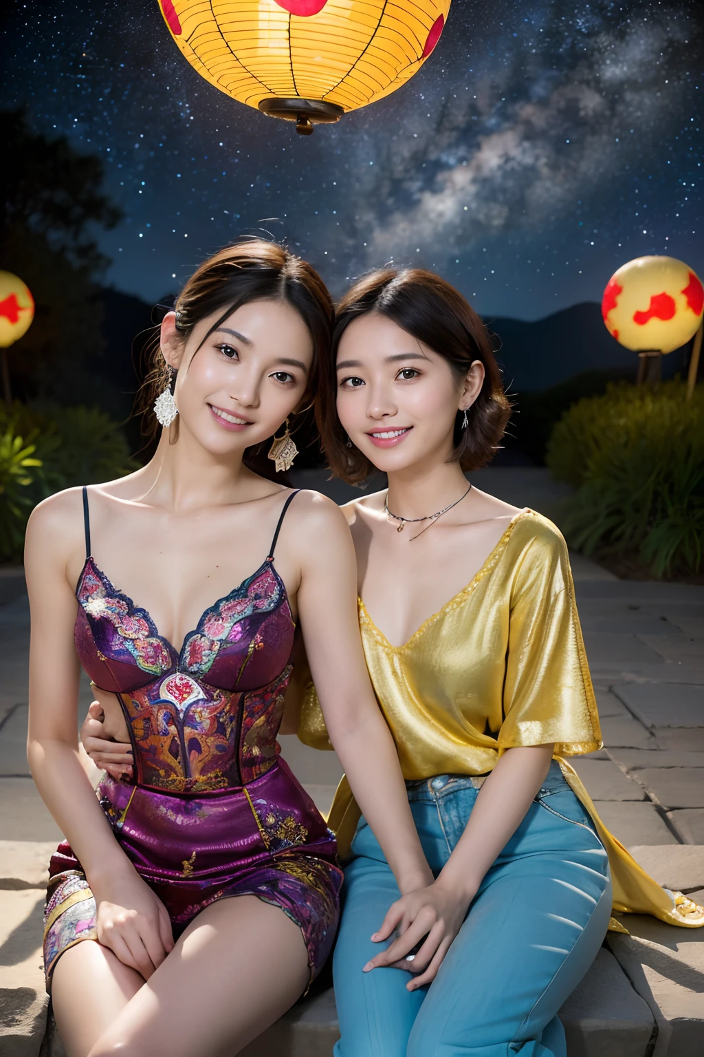Smiling,Face focus,(Alebriès Art Style), Meteor shower in the starry sky, Several lesbians sitting together looking at the stars,leering,leering:1.3,Masterpiece, Best quality, intricately details, absurderes,,(Urzang-6500-V1 version.1,PureFace_V1,Octane rendering)