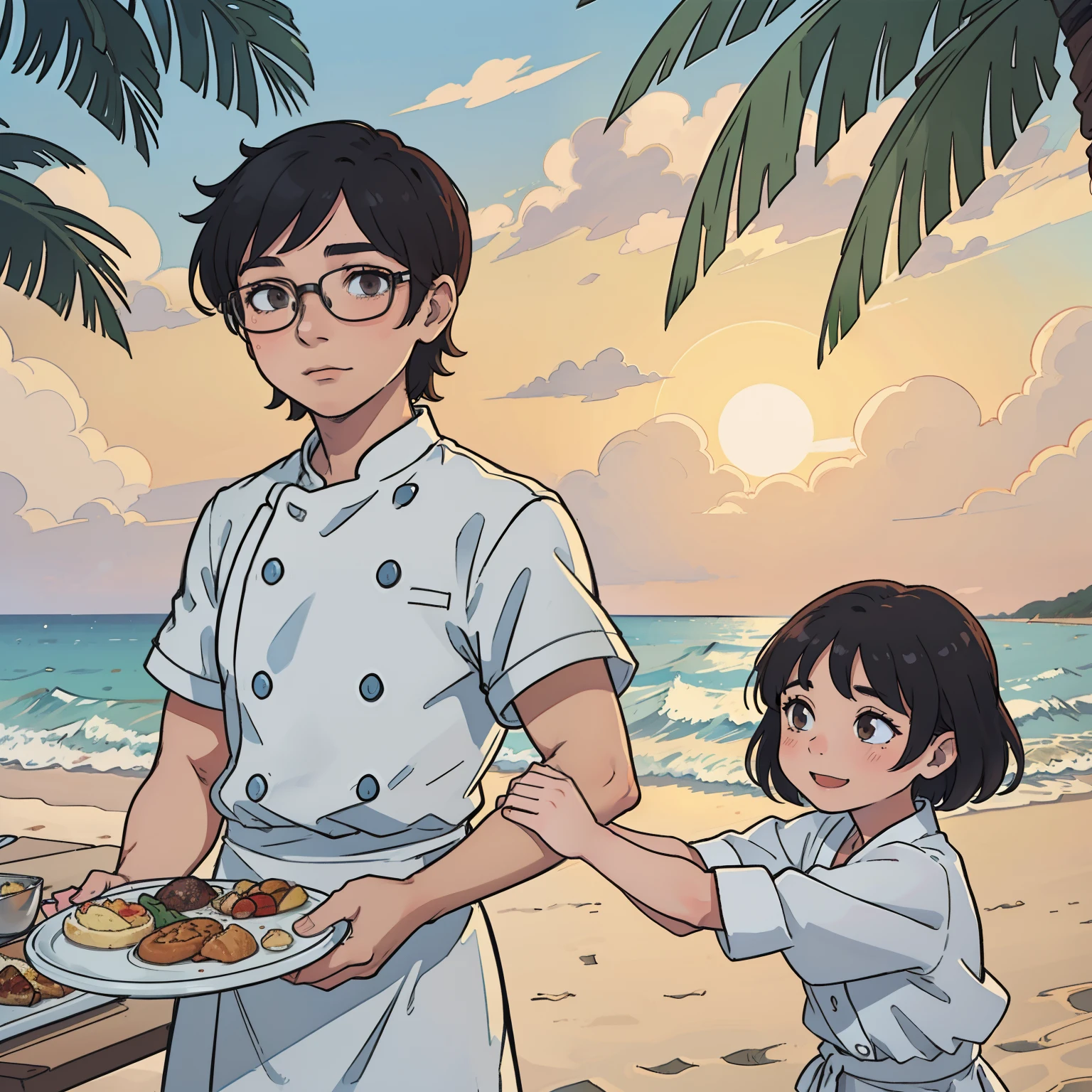 An asian filipino cheff iving a hug in her old father, her father uses glasses on the beach.
Medium: Realistic painting, vibrant colors, detailed brushwork
Scene: A serene beach with soft golden sand, palm trees swaying gently in the breeze
People: Emotional connection, love, family bond, multi-generational relationship
Description:
- The chef has short black hair and warm brown eyes, wearing a white chef hat and a chef coat with the name embroidered on it.
- She has a kind and gentle smile, showing love and care towards her father.
- Her father is an elderly man with silver hair and glasses, wearing a comfortable beach attire.
- The chef is hugging her father tightly, expressing deep affection and gratitude.
- The beach is bathed in warm sunlight, with clear blue sky and gentle waves rolling onto the shore.
- The sand is finely textured, with small seashells scattered around.
- The chef's face shows a mixture of happiness, love, and nostalgia.
- There is a picnic set up nearby, with a blanket, delicious homemade food, and refreshing beverages.
- The atmosphere is peaceful and serene, creating a sense of relaxation and tranquility.
- The colors are vibrant, with a focus on warm tones to enhance the feeling of a joyful family moment.
- The lighting is soft and diffused, casting a warm glow on the scene.
- The painting style captures the intricate details of the chef's facial expression and the texture of their clothes, giving the artwork depth and realism.
- Although it is a casual beach setting, every element is captured with a high level of detail and craftsmanship, showcasing the mastery of the artist.
- The overall composition is balanced and visually pleasing, with the focal point on the emotional connection between the chef and her father.
- The artwork is in high resolution, allowing viewers to appreciate the delicate brushwork and the finer nuances of the scene.
(best quality, 4k, highres:1.2), ultra-detailed, (realistic, photorealistic:1.37)
Portrait, fam