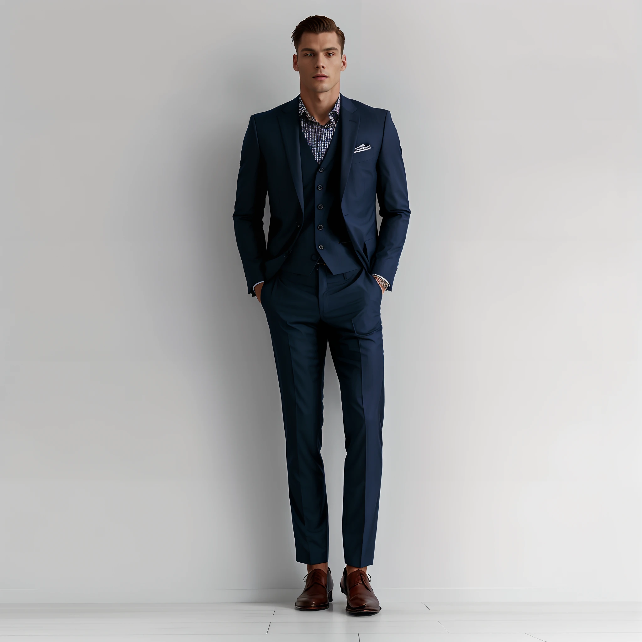 An alpha man in a suit stood against the wall, Handsome male，Pale skin，Fashionable male model，wearing a stylish men's suit, 3-piece-suit, Navy blue，dolce & Gabana, wearing fashion suit, Elegant suit, wearing a dark blue suit, 3-piece-suit, stylish suit, wear suit, wear suit, dressed in a suit, formal suits, dressed in a suit, intricate suit, dressed in a suit,Marine style，Nautical style