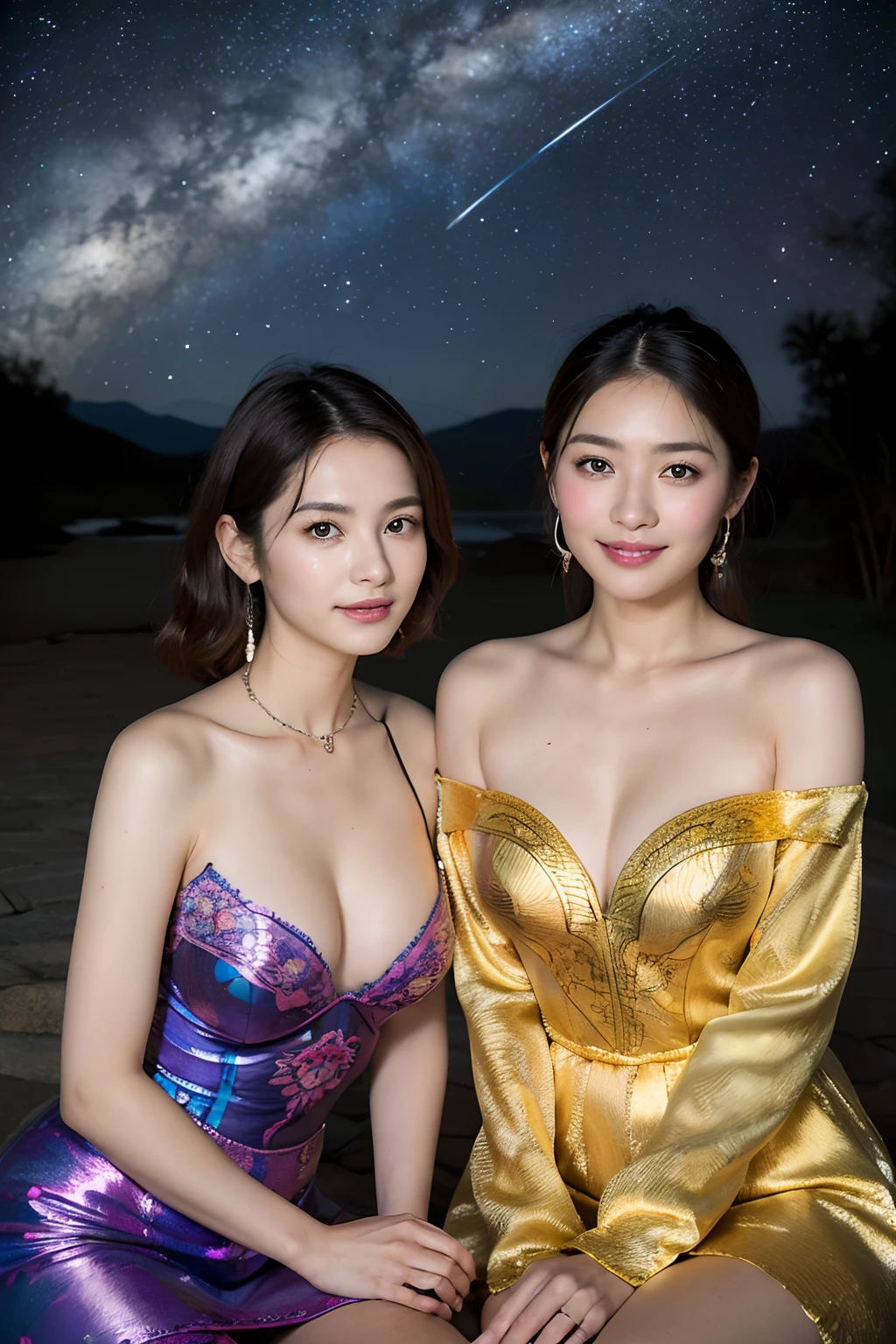 Smiling,Face focus,(Alebriès Art Style), Meteor shower in the starry sky, Several lesbians sitting together looking at the stars,leering,leering:1.3,Masterpiece, Best quality, intricately details, absurderes,,(Urzang-6500-V1 version.1,PureFace_V1,Octane rendering)