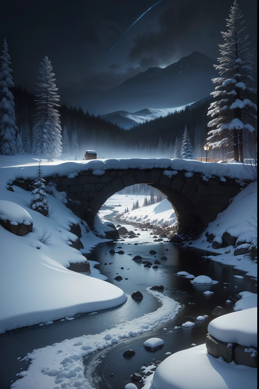 A painting of a winter landscape, pine trees, snow on ground, a winding river with a destroyed stone bridge, eerie night time light, dark sky.