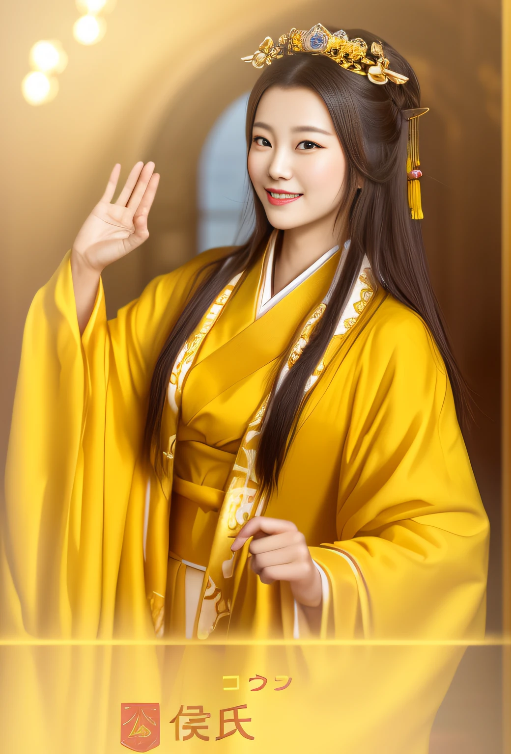 Close up portrait of smiling woman in waving yellow dress, ancient chinese princess