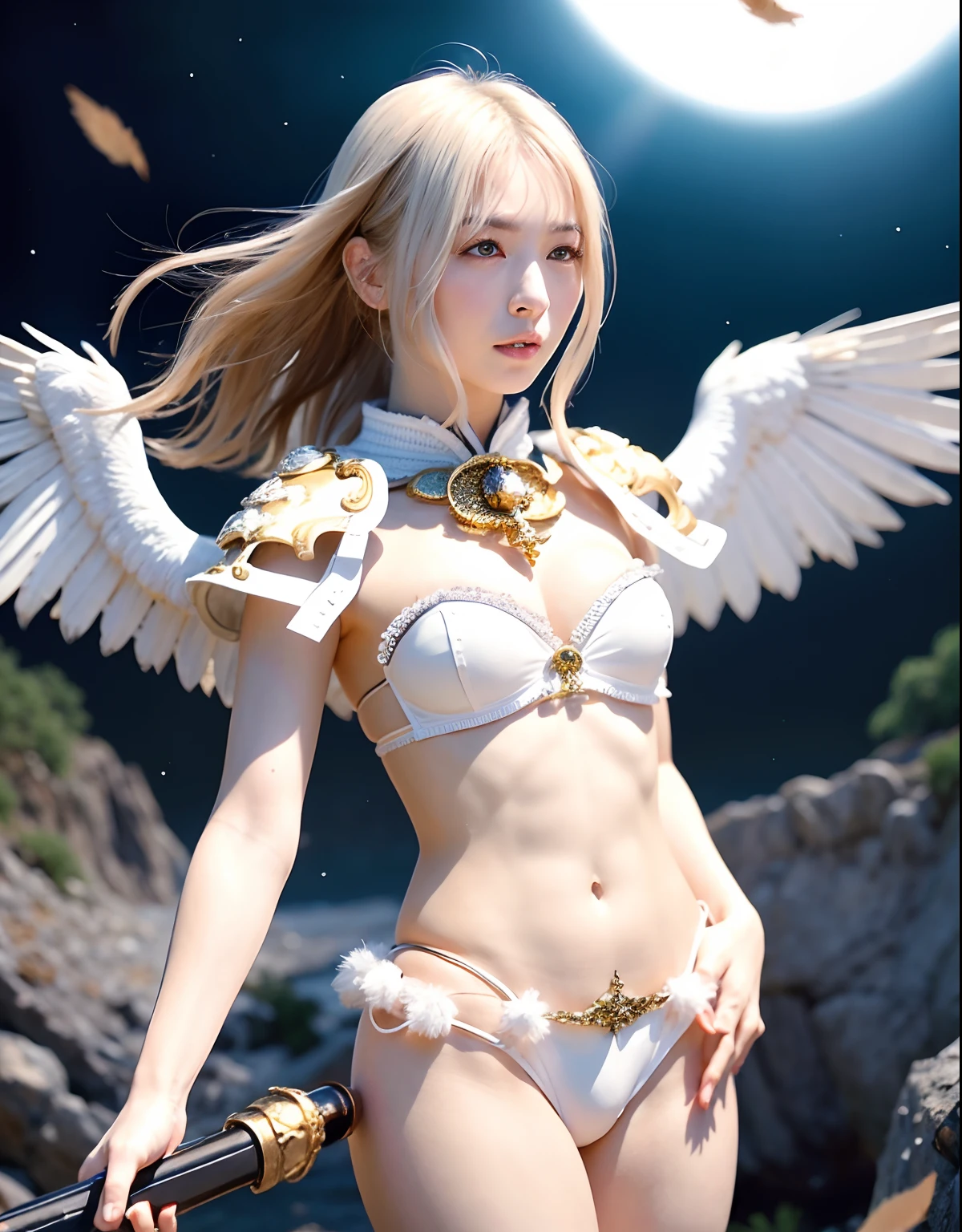 Professional , masterpiece、top-quality、photos realistic , depth of fields 、(Fight fiercely with dragons)、(White bikini armor)、(Particles of light)、Jewel Gold Weapon、Particles of light),Gorgeous gold weapons ,(( Gorgeous Dragon Sword)) , (White angel wings grow),(maikurobikini) 、((White hair))、(Castle background)、((Gangle's forest background))、Beautiful Caucasian beauty、1a person、dynamic ungle,(((A small ring of light floating overhead)))、Smaller head、Idle Smile、Thin and beautiful female hands、Mystical expression、Light Effects、intense fighting、Wind-effect、magic circles、(White angel wings grow)、