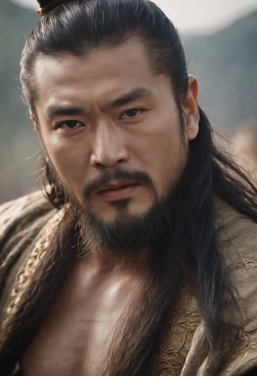 Long black hair, Ancient Chinese Clothing, Middle-aged men, Muscular, Big Guy、Yurukyara style
