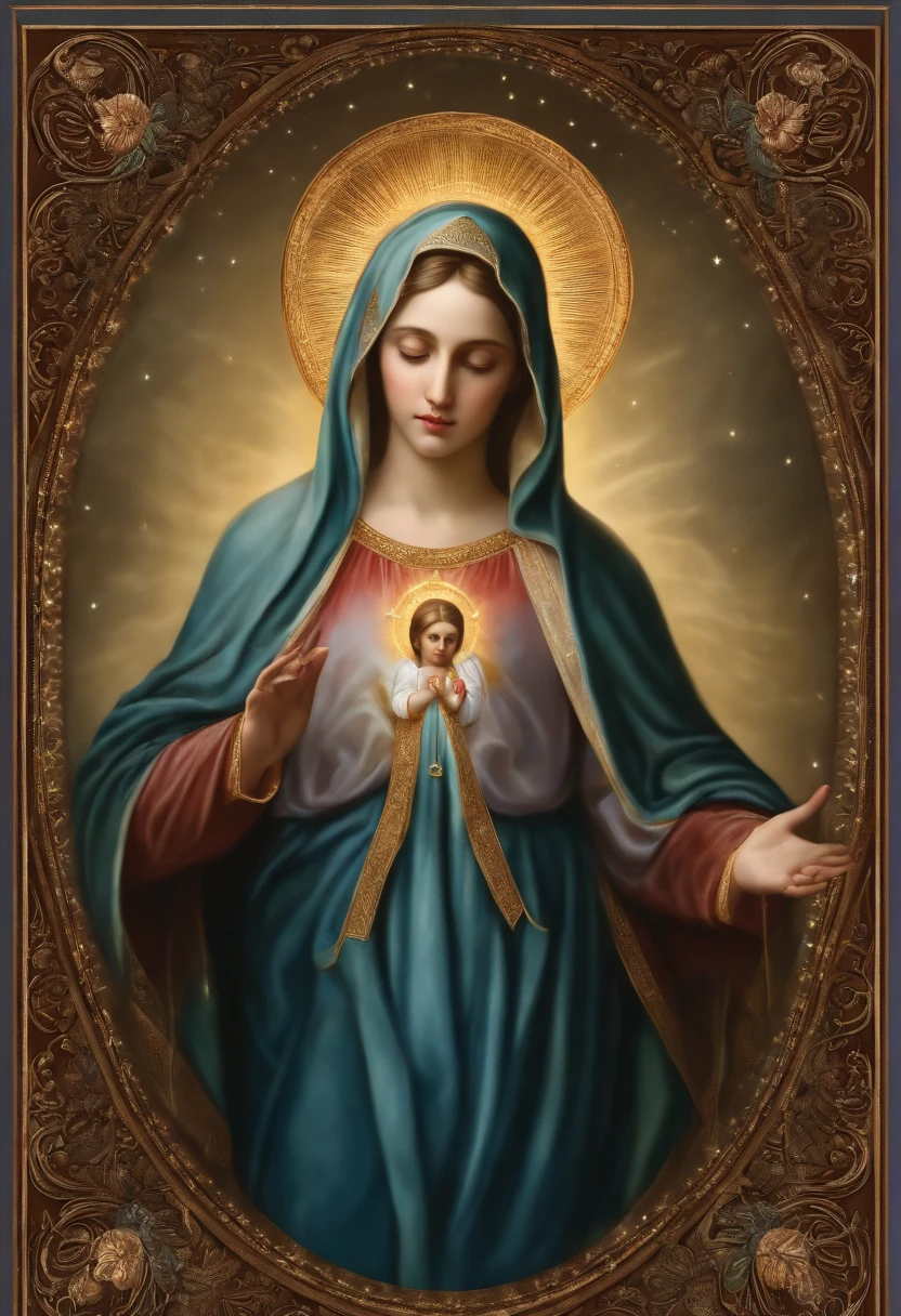 (Holy virgin mary of the sorrows))) Masterpiece, (Best quality: 1.2), (Super fine: 1.2), Illustration, (Extremely delicate and beautiful: 1.2), Film angle, Floating, (Beautiful detail eye: 1.1), (Detail Light: 1.1), Film lights, Delicate sky, Blue eyes, (High ponytail: 1.1), Layer, Bright eyes, Starry sky, (Light particles: 1.1) drawing, blossom. (masterpiece), (best quality), (photorealistic:1.3), 8k, detailed skin texture, detailed cloth texture, beautiful detailed face, intricate details, ultra detailed (full-length body:1.2)