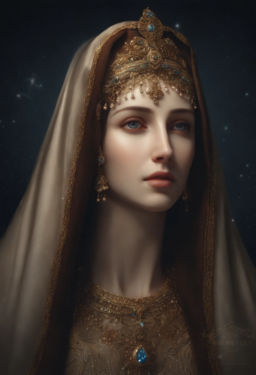 (Holy virgin mary of the sorrows))) Masterpiece, (Best quality: 1.2), (Super fine: 1.2), Illustration, (Extremely delicate and beautiful: 1.2), Film angle, Floating, (Beautiful detail eye: 1.1), (Detail Light: 1.1), Film lights, Delicate sky, Blue eyes, (High ponytail: 1.1), Layer, Bright eyes, Starry sky, (Light particles: 1.1) drawing, blossom. (masterpiece), (best quality), (photorealistic:1.3), 8k, detailed skin texture, detailed cloth texture, beautiful detailed face, intricate details, ultra detailed (full-length body:1.2)