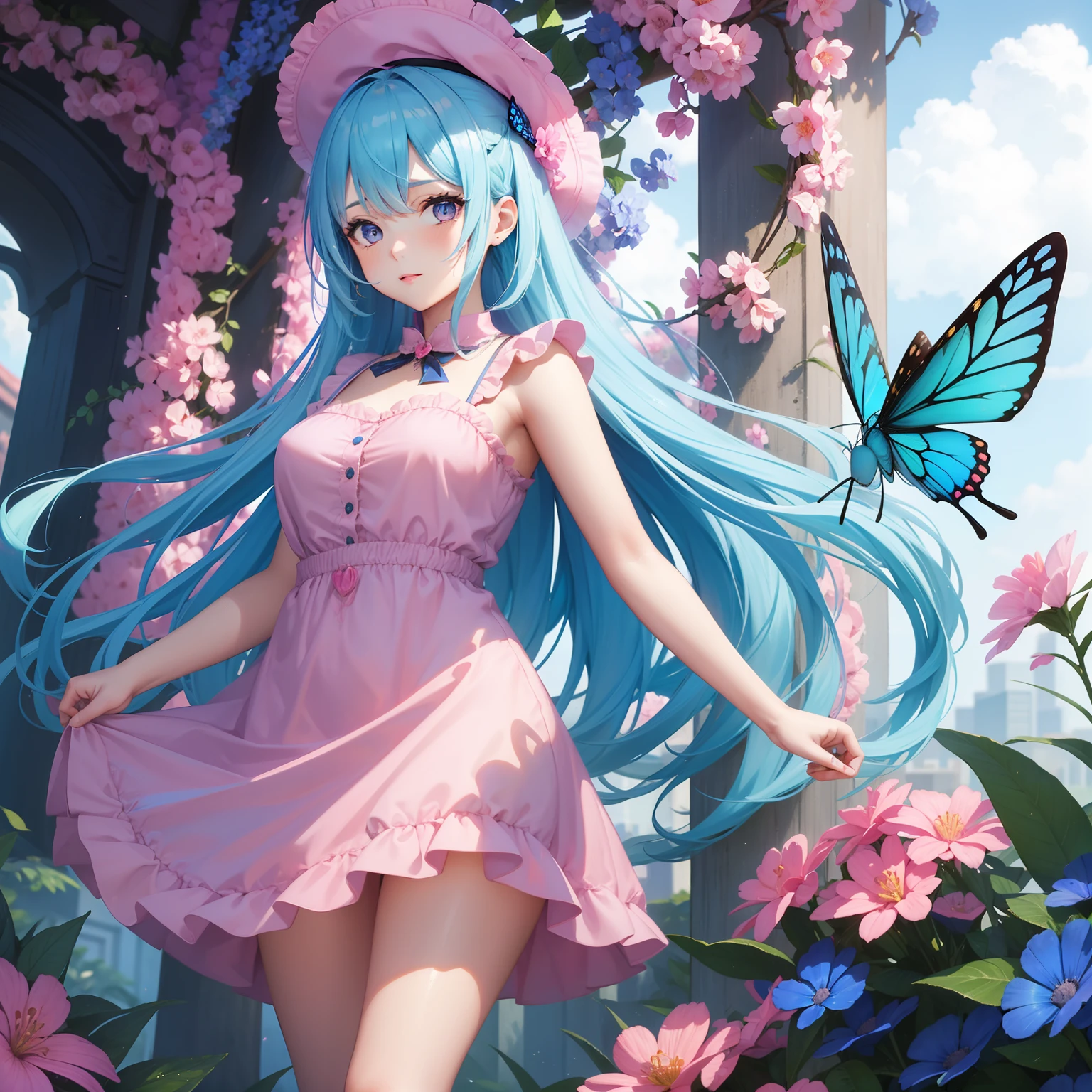 a women, blue butterfly, blue hair, pink eyes, pink dress