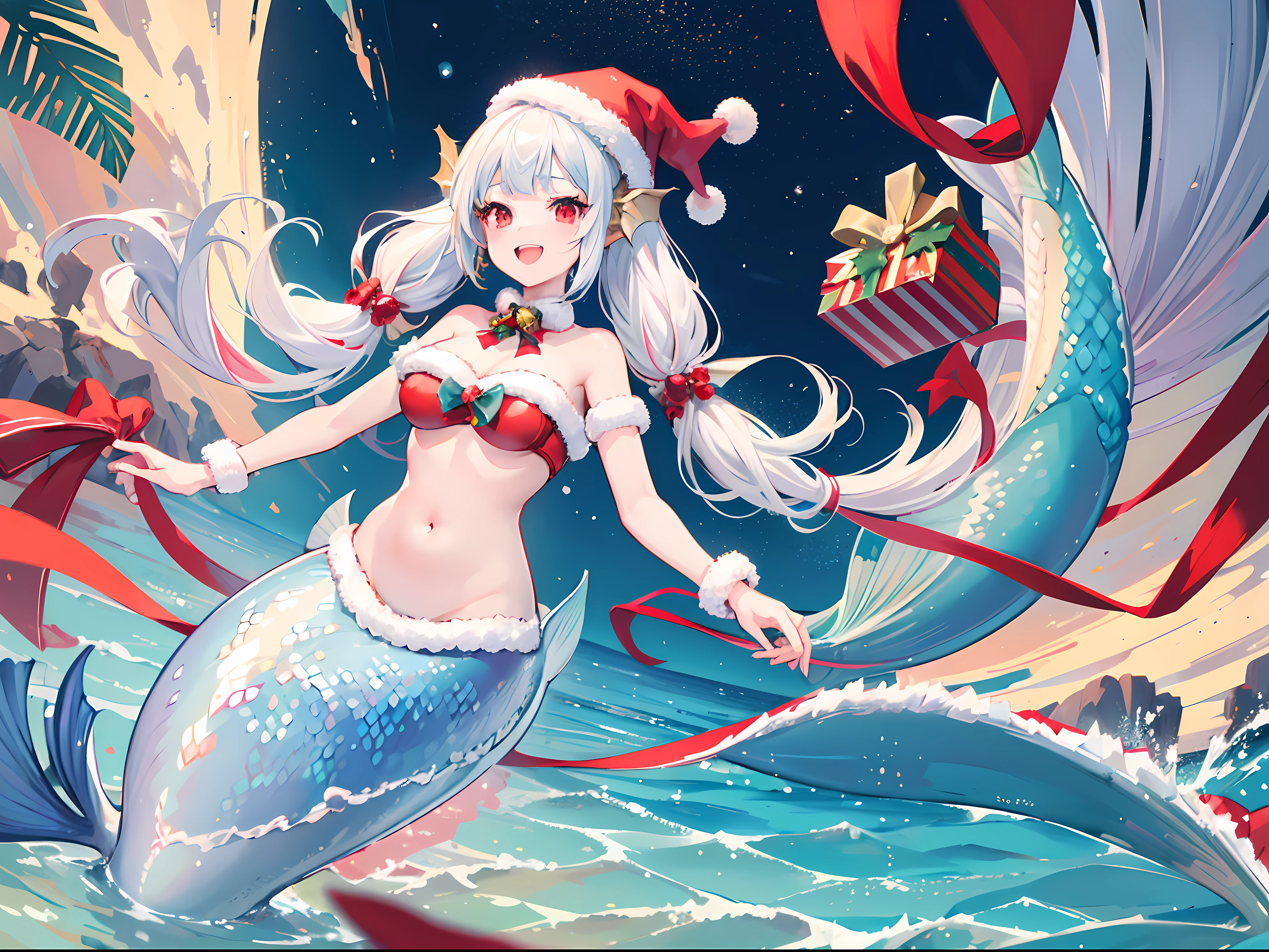 Best Quality, Extremely detailed, Anime, 1girl in, Solo, Laughing, Standing, Dynamic Angle, (mermaid:1.4), (santa costume|bikini of), santa hat, Red Eyes, (Twin tail:1.2), White hair, Christmas tree, Christmas, at sea,