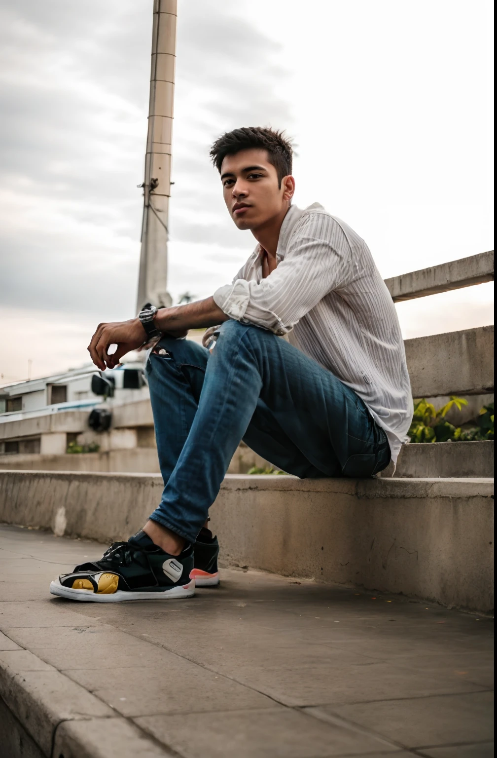 arafed man sitting on a concrete ledge with his skateboard, very artistic pose, with a cool pose, candid picture, with lovely look, stylish pose, cool pose, taken with canon 8 0 d, casual pose, !! low contrast!!, casual photography, very cool pose, taken with sony alpha 9, jayison devadas, inspired by Saurabh Jethani