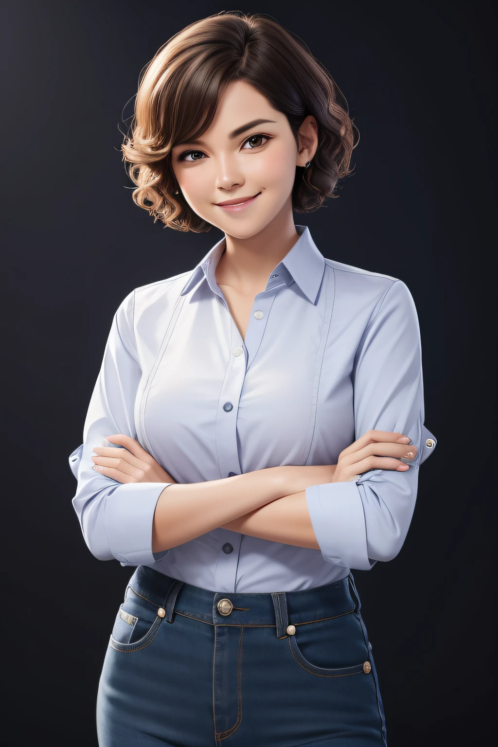 Standing woman in three-quarter sleeve shirt with buttons、roll up sleeves, Smile, Wavy short hair, Change background, A hyper-realistic, 8K, Have arms crossed