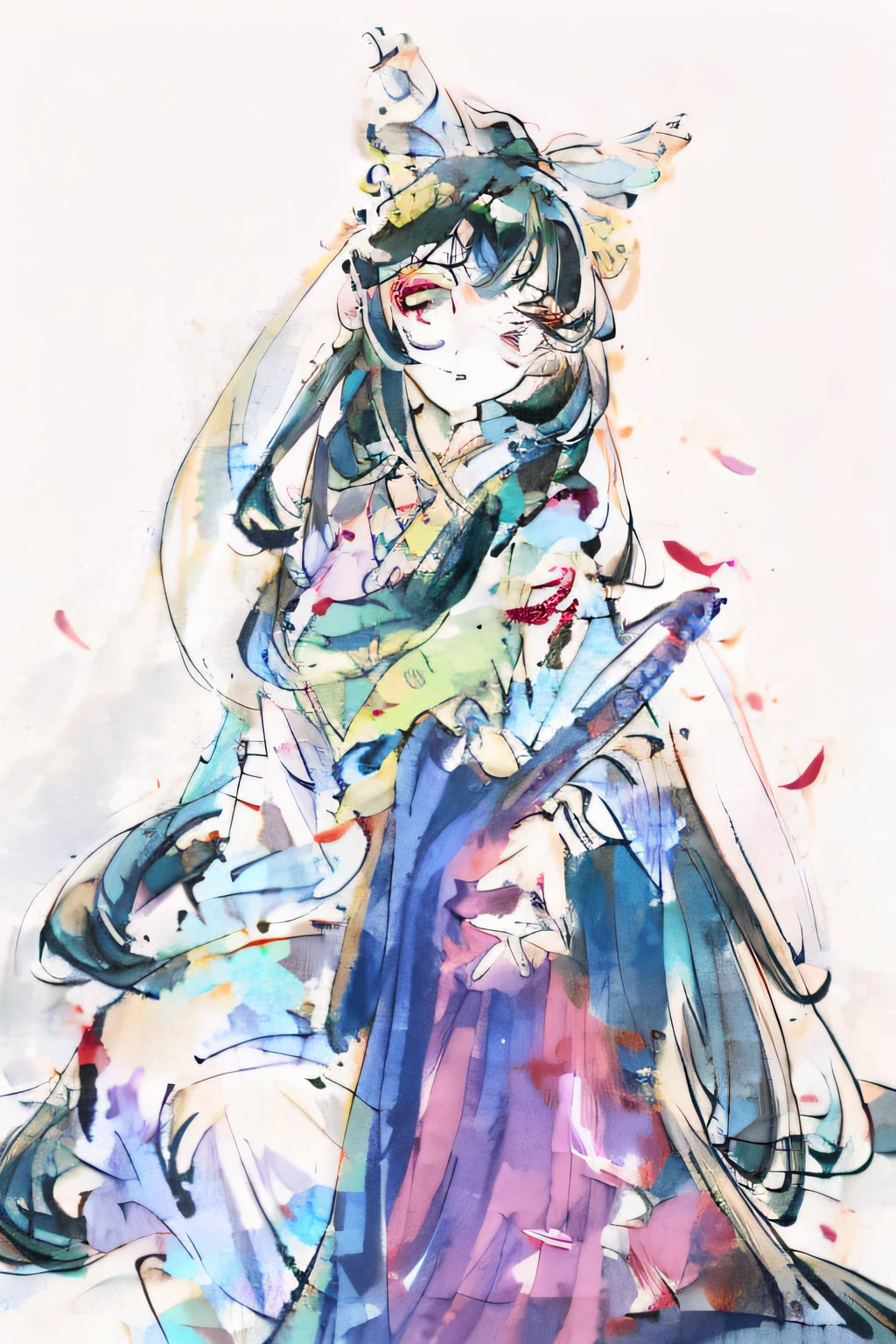 Young girl, long white hair, high ponytail, purple eyes, white hanfu, smirk, claws, lightning, masterpiece, high quality