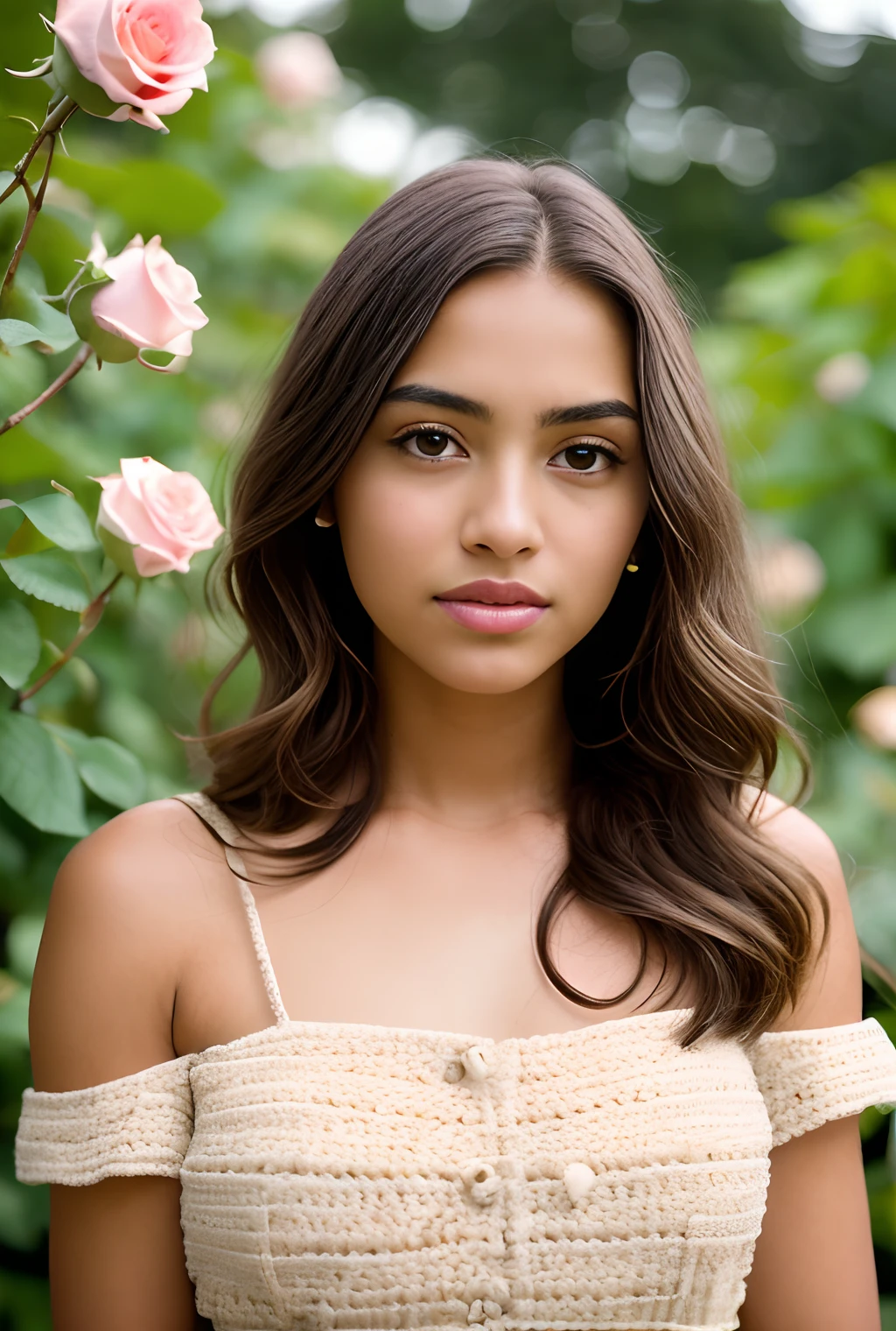 masterpiece, best quality, hyper-realistic, cinematic photo, beautiful innocent 20 year old woman, Latina,
pronounced feminine features (tanned skin, authentic skin texture: 1.3), clothing (beige crochet dress) very long brown hair with blonde highlights, beautiful face ,(rose garden background), style, (8k, epic composition, photorealistic, sharp focus), elaborate background, DSLR, intricate details, rule of thirds, analog style