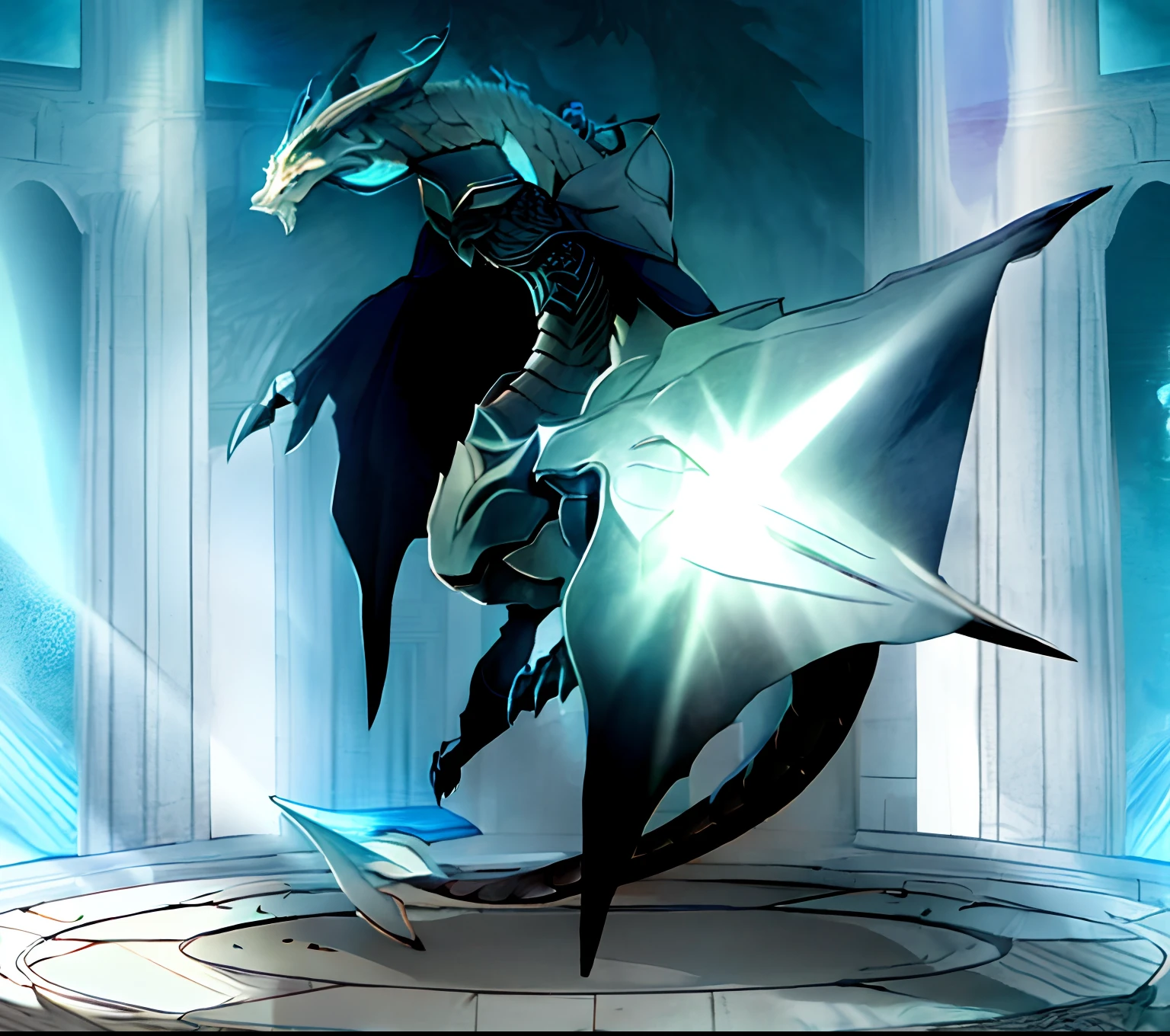 There is a drawing of a dragon with a sword in his hand, Demonio masculino en forma con cuernos blancos, Dragon in Dragon Lair, colossal dragon as background, guiverno, dragon knight, Dios de los dragones, anthro dragon art, Drachenlord, El caballero de Hollow Knight, Charging through a dragon den, Rey del Segador del Tiempo, Quimera centaura macho