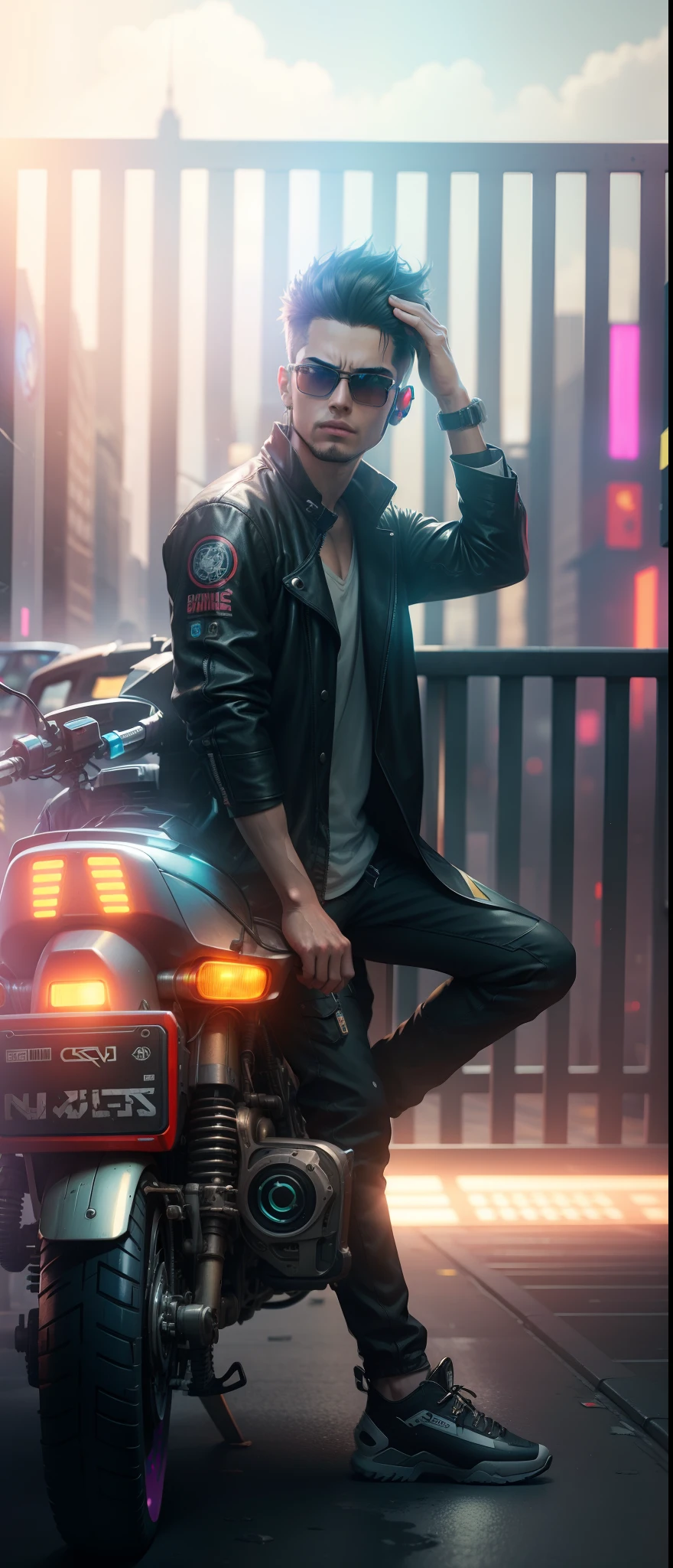 Boy, Cyberpunk city , bike , sunglass, change  background, hyper realistic, Ultra realistic,
