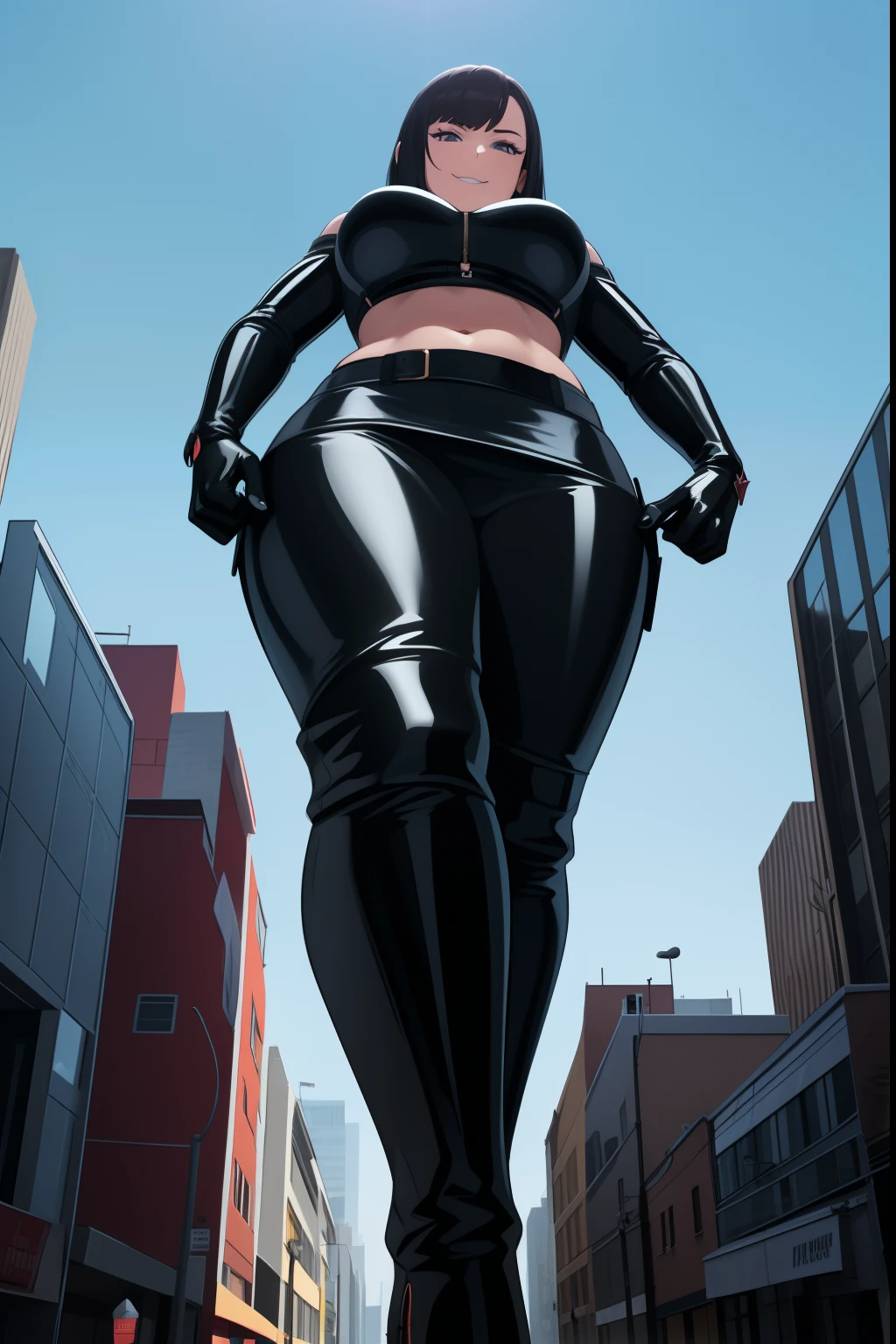 Low angle of feet、destroyed ground、lots of building、female、giant cockroach、Anthropomorphic cockroach、Looking up from the feet、whole body、female、Big Breasts、Make women bigger、Giant娘、giantess、Realistic、Cute face、歩くGiant宇宙人女性、masterpiece、Highest quality、Very detailed、Giant black skinned woman、Giant、Head with antennae、smile、Giant娘に破壊される小さな街、街を蹂躙するGiant娘、Smoke-filled city、rubble、Gloomy Weather、Scary atmosphere、Real Anime、Real Animeスタイル、whole body図、Portrait、Walking towards here、The fugitive々、Anatomically correct、