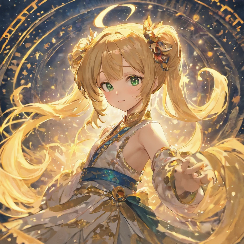 Masterpiece, best quality, ultra-detailed, fine detailed, 1girl, blonde hair, green eyes, twin-tail, medium straight hair, cheerful and bright, 15 years old, smile, Ajan knightly style fantasy outfit, Exquisitely crafted hair ornament, BREAK Magic circle with exquisite patterns, silver astronomical rings, astrolabe, astrology, postprocessing, postprocessing