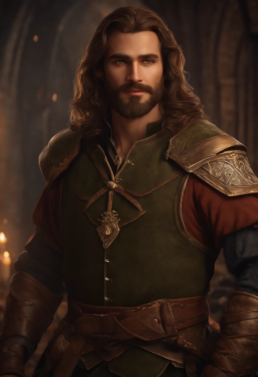 (best quality,4k,highres,masterpiece:1.2),ultra-detailed,realistic,portrait,rogue, bard, fantasy, character, detailed face, expressive eyes, charming smile, handsome features, well-groomed beard, long-flowing hair, intricate clothing design, leather armor, musical instrument, daggers, mysterious background, dimly lit, dramatic lighting, vibrant colors, medieval setting, epic storytelling