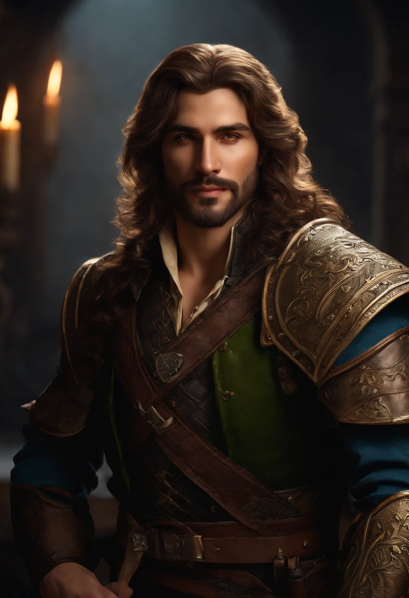 (best quality,4k,highres,masterpiece:1.2),ultra-detailed,realistic,portrait,rogue, bard, fantasy, character, detailed face, expressive eyes, charming smile, handsome features, well-groomed beard, long-flowing hair, intricate clothing design, leather armor, musical instrument, daggers, mysterious background, dimly lit, dramatic lighting, vibrant colors, medieval setting, epic storytelling