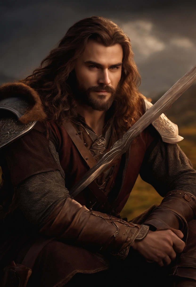 (best quality,4k,highres,masterpiece:1.2),ultra-detailed,realistic,portrait,rogue, bard, fantasy, character, detailed face, expressive eyes, charming smile, handsome features, well-groomed beard, long-flowing hair, intricate clothing design, leather armor, musical instrument, daggers, mysterious background, dimly lit, dramatic lighting, vibrant colors, medieval setting, epic storytelling